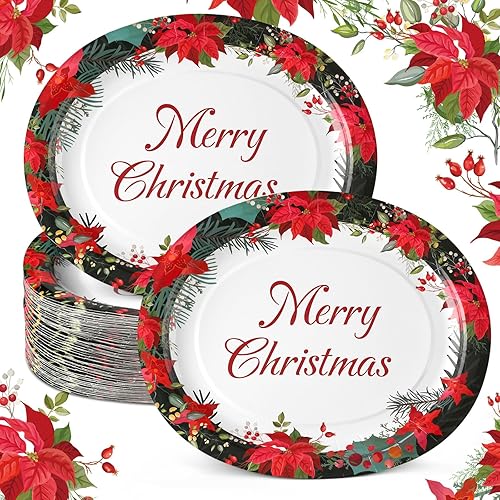 Tioncy 50 platos de papel de Navidad de 10 x 12 pulgadas, platos desechables ovalados, platos de papel floral de invierno, platos temáticos de