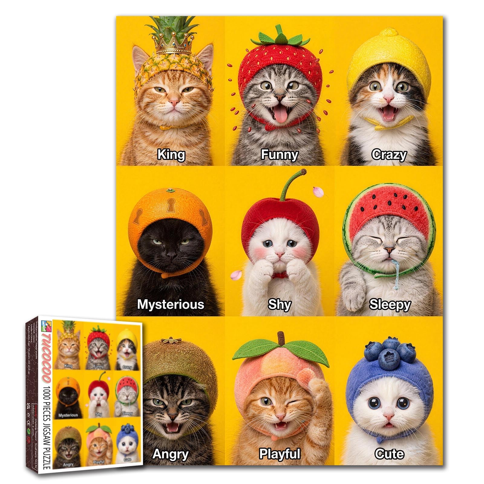 Fruit Costume Cats Jigsaw Puzzle 1000 Piece Puzzles for Adults and Beginner Funny Cat Meme Puzzles Farmhouse Decor Challenging Family Activity Games Colorful DIY Craft Gifts 20×27 Inches — image 1