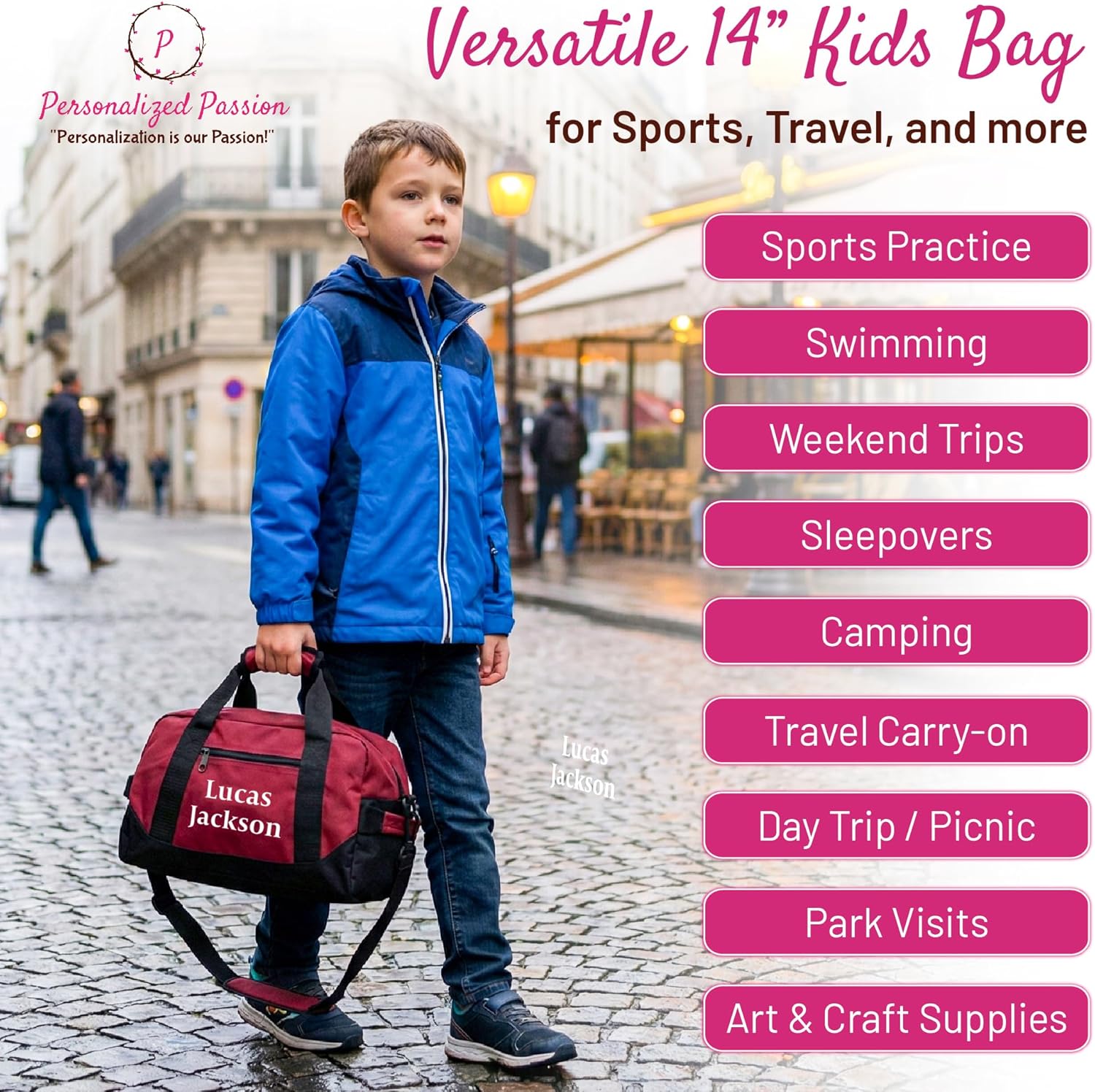Personalized Passion Small Duffle Bag for Boys and Girls - Perfect Sized 14” Two Toned Travel Duffle - Personalized Name Sports Gym Bag for Storage - Royal Blue