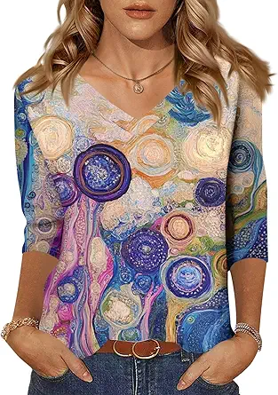HTHLVMD Womens 3/4 Length Sleeve Tunic Tops Summer Fall Outfits 2025 Three Quarter Sleeve Casual V Neck T Shirts for Women