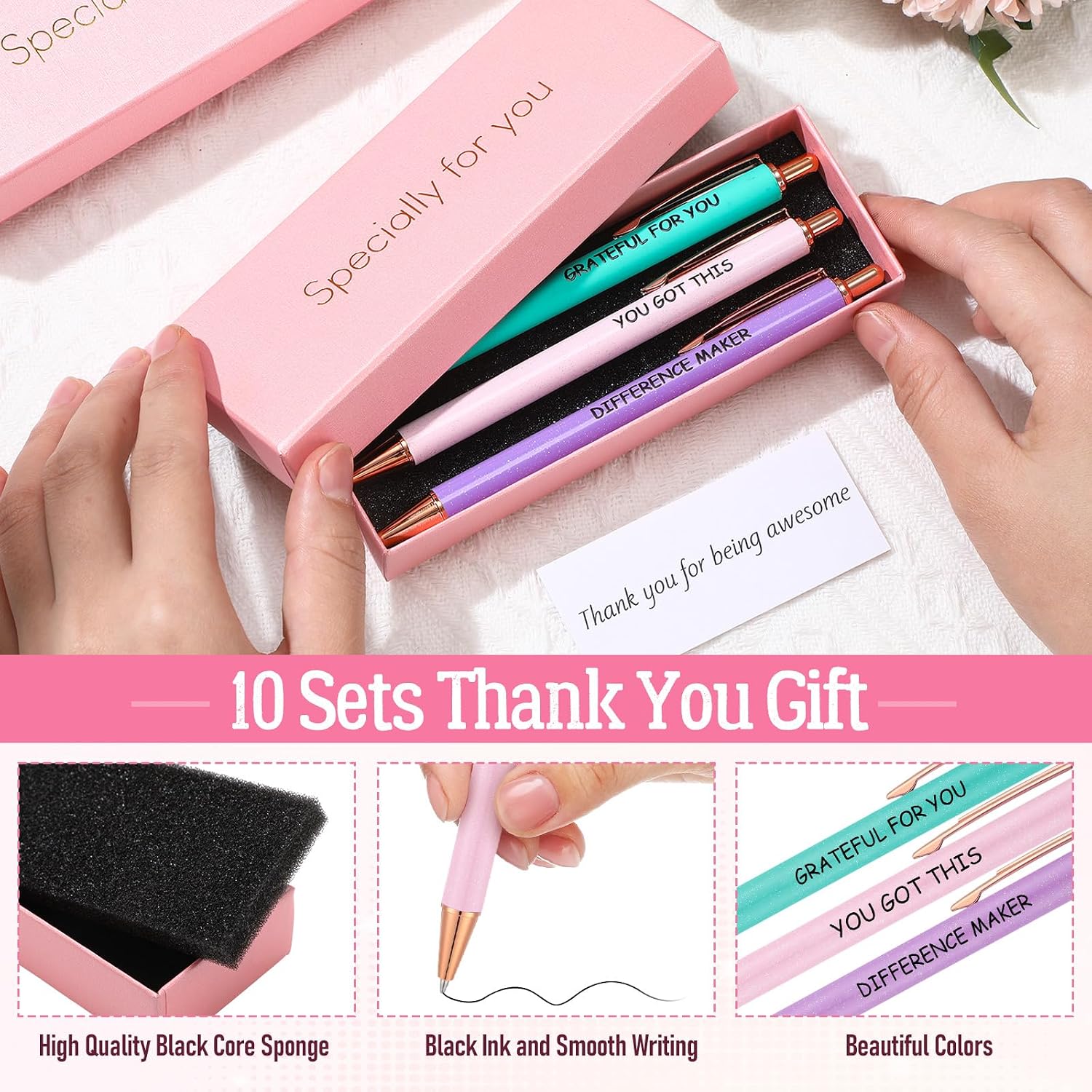 Tenceur 50 Pcs Cna Week Appreciation Gift Bulk Graduation Thank You Pen Gift with Box Cute Pastel Inspirational Ballpoint Pen Greeting Card for Women Team Coworker Volunteer Nurse Staff(Appreciate)
