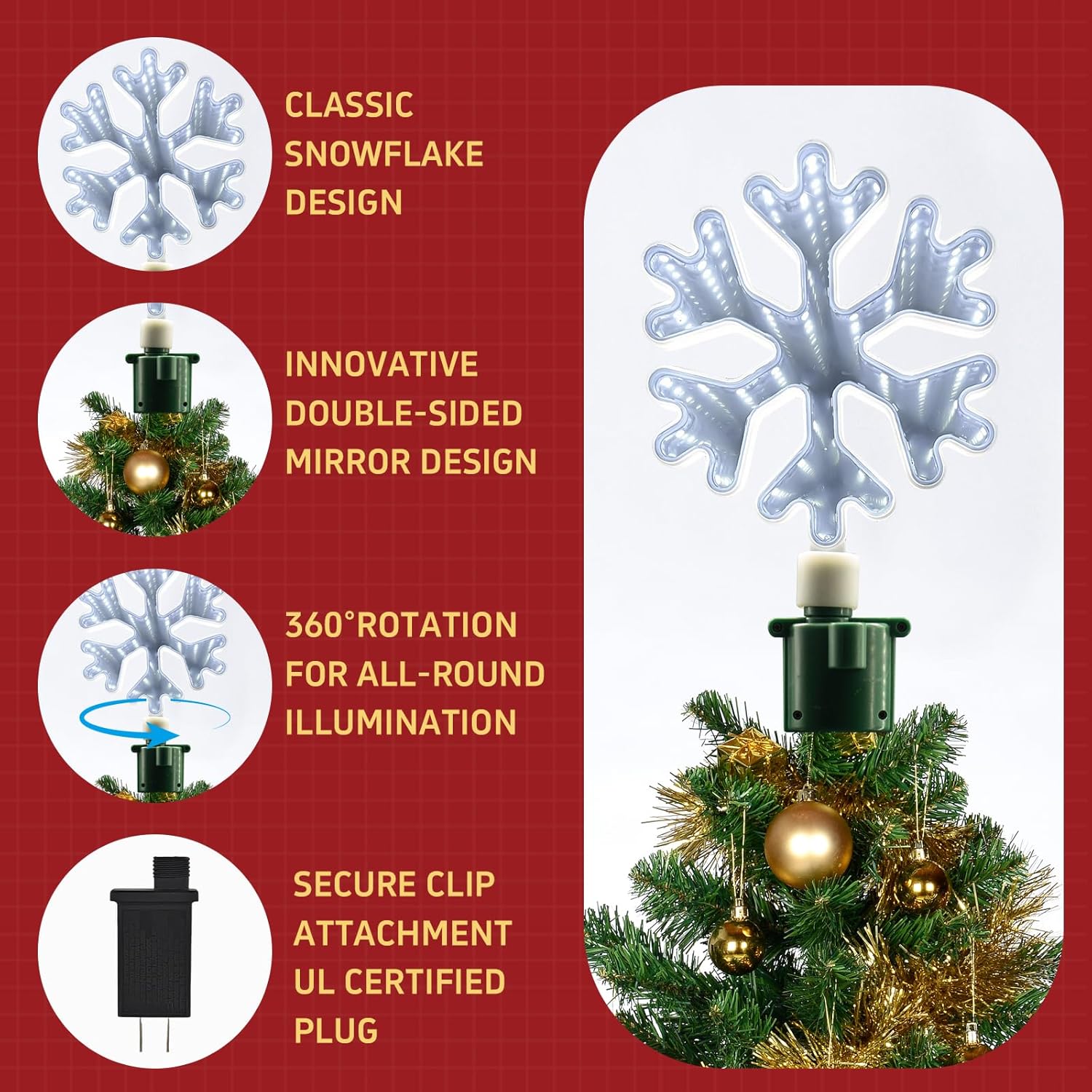 Christmas Tree Topper Lighted with White LED Lights, 360° Rotating Snowflake Tree Topper Ornament with Clip, Infinity Mirror Tree Topper Snowflake for Xmas Party Holiday Christmas Decorations