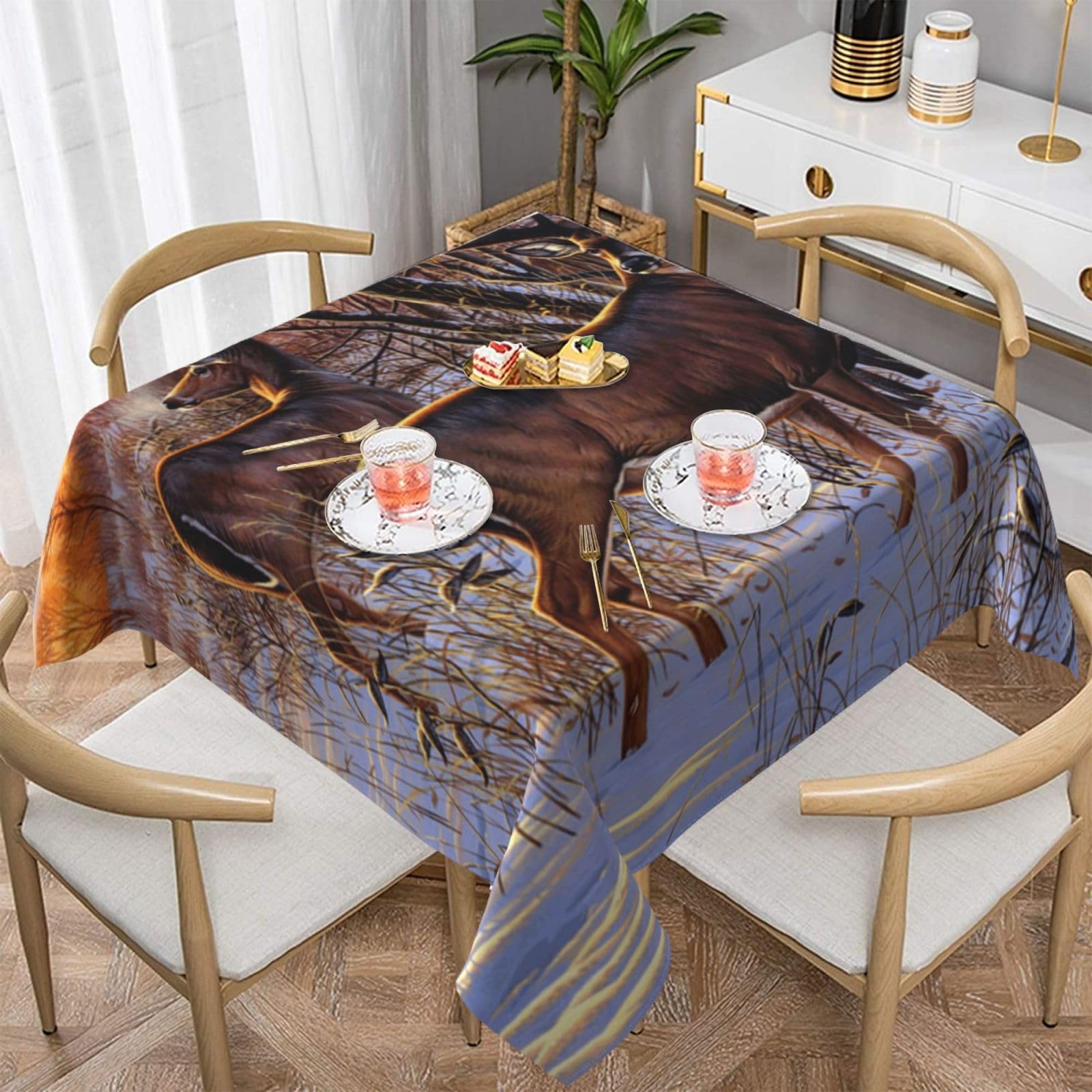 DCEHGEW Deers Picture Prints Square Tablecloth 137x137 CM, Waterproof Fabric Table Cloth for Dining Table, Farmhouse Table Cover for Kitchen Dining Tabletop Decoration