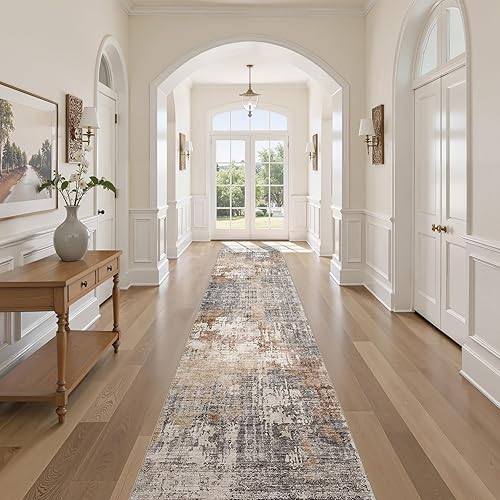 Washable Runner Rug for Hallway: 2.6x14 Neutral Modern Abstract Low Pile Area Rug with Non-Slip Backing - Carpet for Bedroom Kitchen Laundry Entryway Bathroom Indoor - Grey Brown