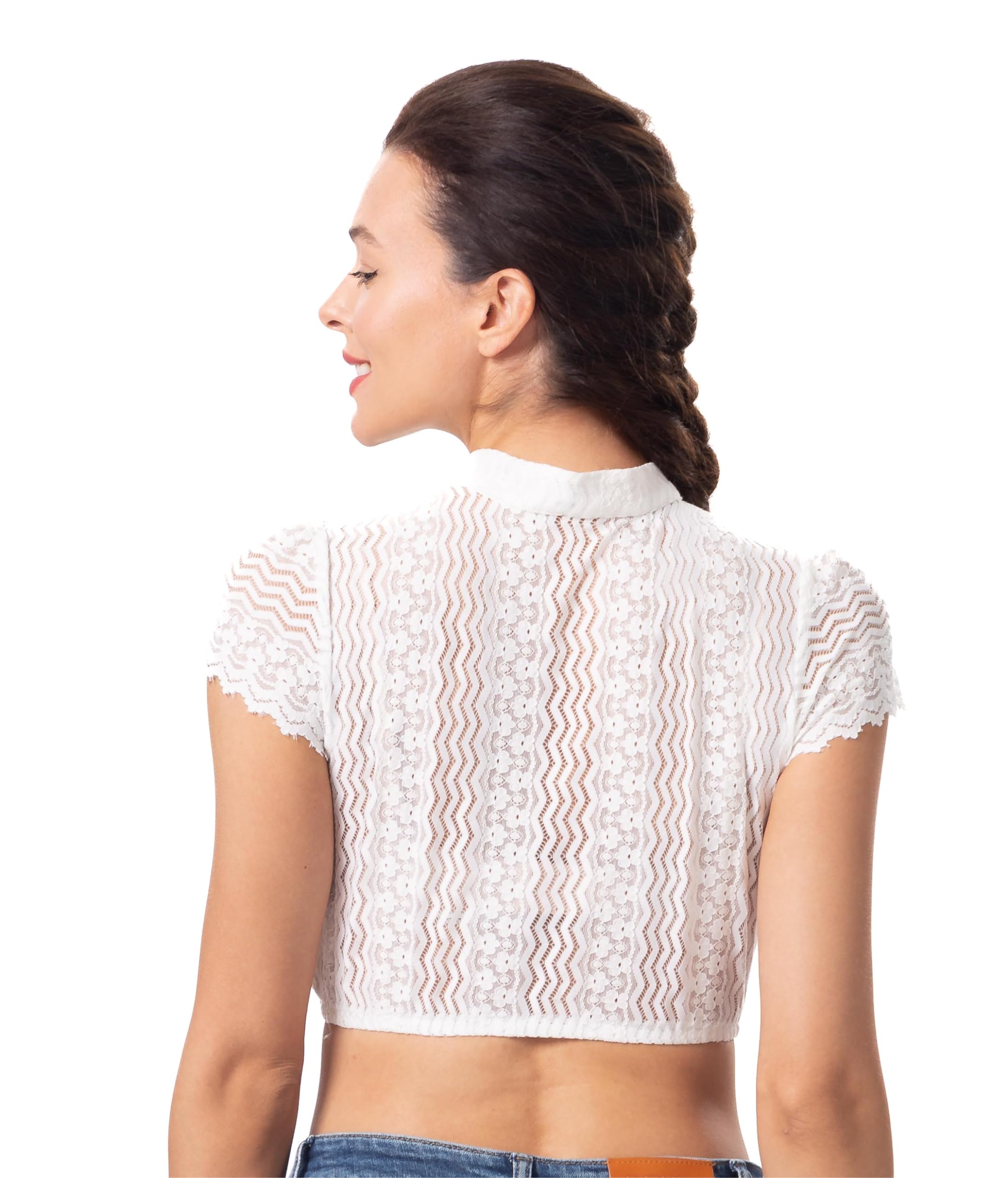 Dirndl Bluse Damen Kurzarm Spitze Spitze Trachtenmode Elegante | mit Knöpfe,Lochausschnitt,Dirndlbluse Hochgeschlossen,3/4 Arm,Elegante,Oktoberfest Damen Bluse klassisch(Creme)Größe 34-44