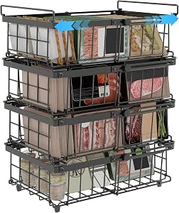 UMDONX 4 Pack Chest Freezer Basket Organiser Storage Boxes - Kitchen Expandable Stackable Metal Shelf Rack with Handles Wire Bins, Black 29-45.5cm Width