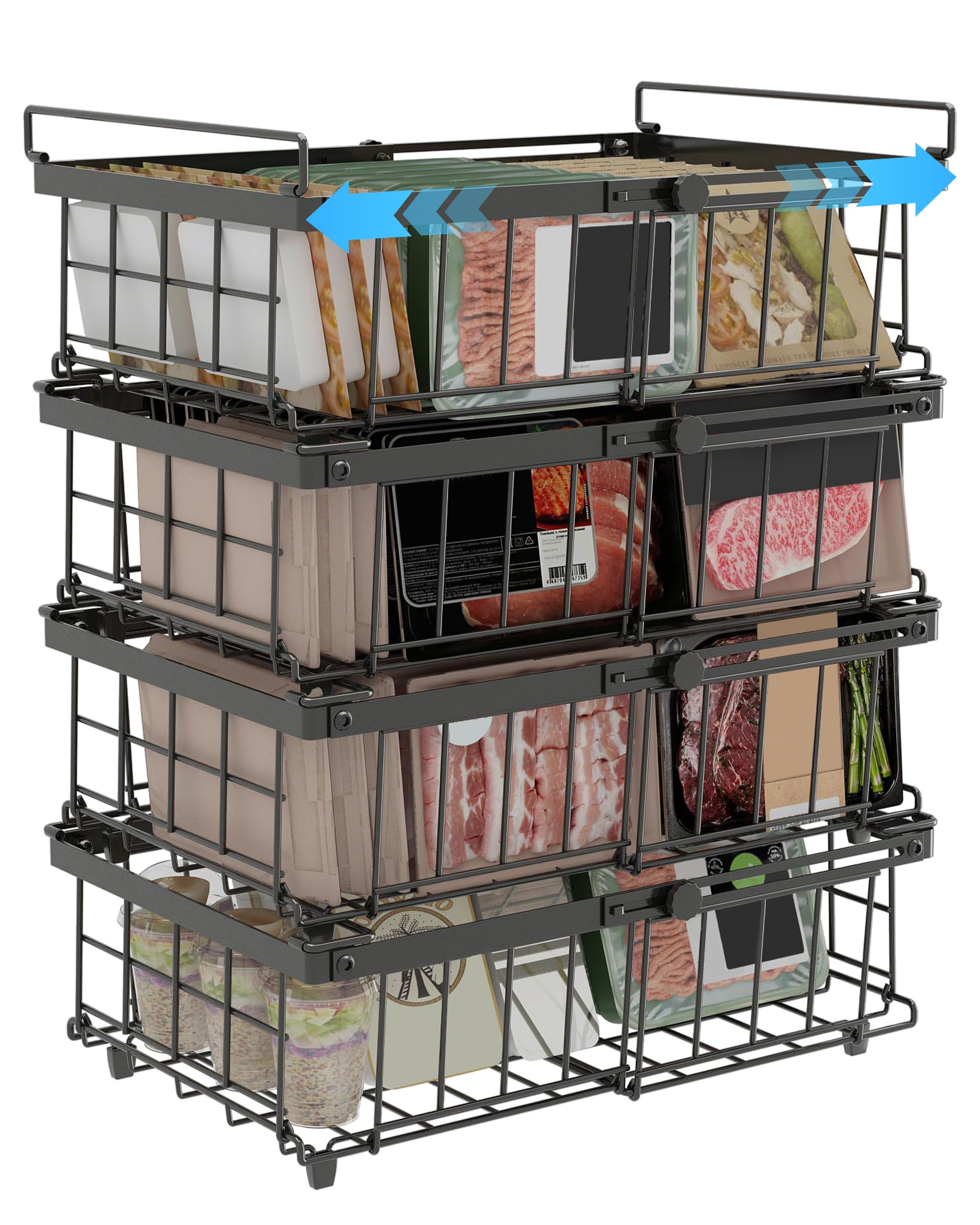 UMDONX 4 Pack Expandable Metal Organiser Basket Chest Freezer Storage Boxes, Stackable Forzen Food Containers with Foldable Handle Kitchen Pantry Shelf Rack, Black Load 25KG