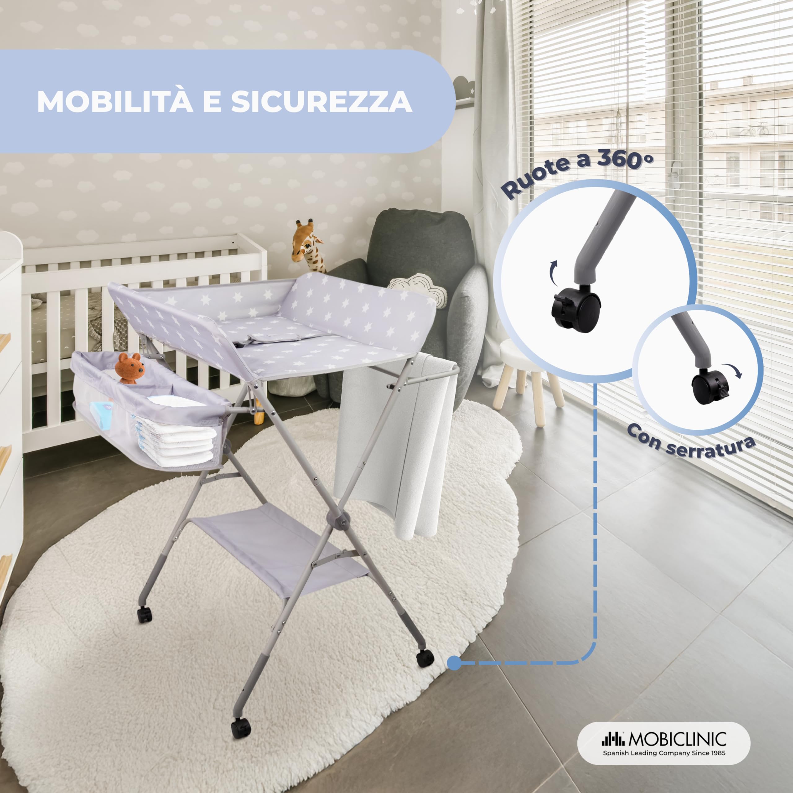 Mobiclinic Fasciatoio pieghevole per Neonati, Altezza Regolabile, Fino a 15 kg, 0-36 Mesi, Ruote a 360° Freno, Lavabile