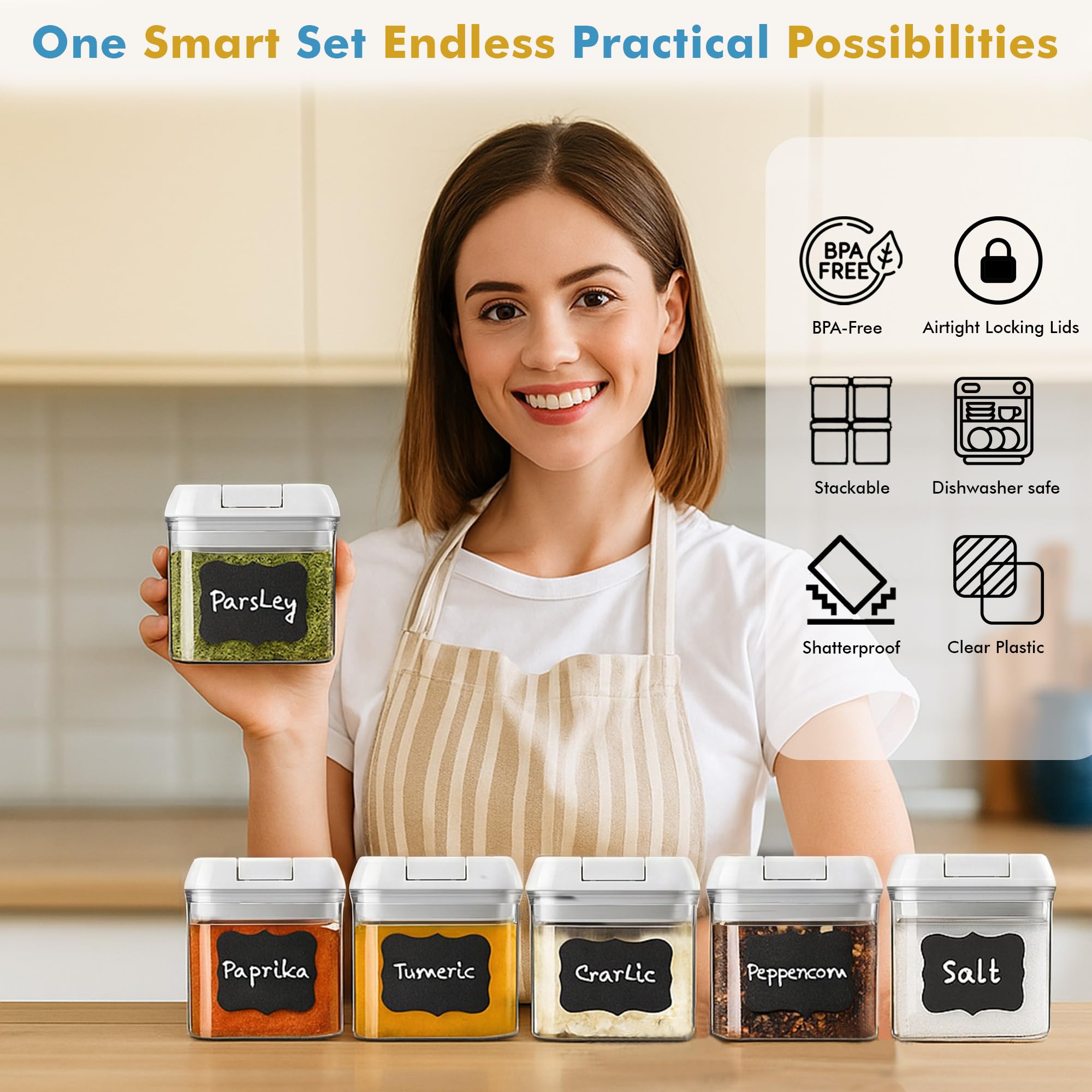 Shazo Juego de 6 mini recipientes herméticos + 6 cucharas, recipientes de plástico transparente duraderos para almacenamiento de alimentos con tapas, recipientes de despensa para armario de cocina