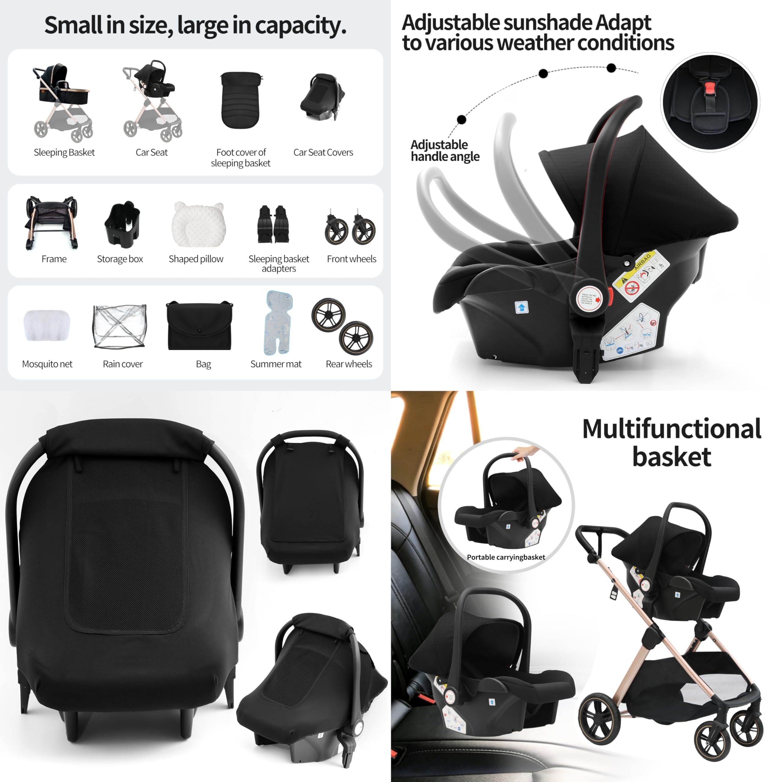 Passeggino Trio 3 in 1 Pieghevole in Un Clic con Telaio in Lega di Alluminio V10 Black