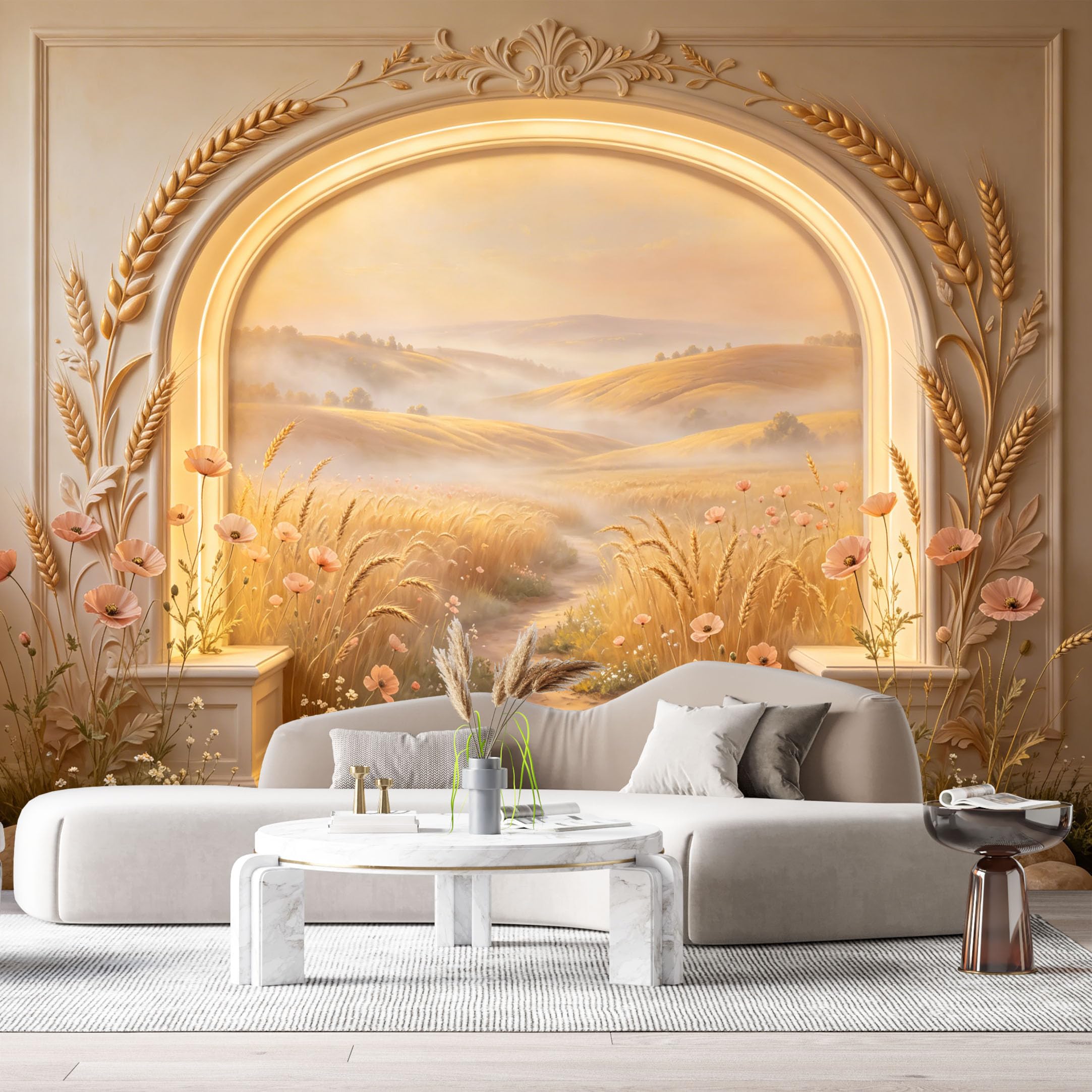 Custom Size Wall Murals Wheat Field Landscape Neoclassical Arch 3D Trompe L'Oeil SelfAdhesiveWall Fabric Removable Wallpaper Wall Decor for Living Room Bedroom Bathroom