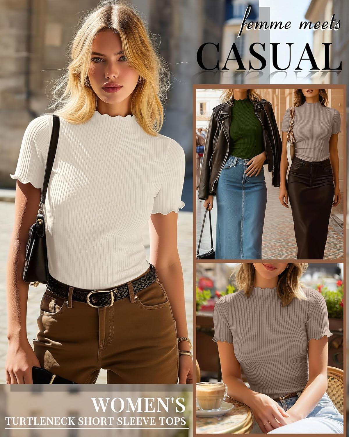 Huukeay 3 Pack Women's Mock Turtleneck Short Sleeve Tops Ribbed Cotton Lettuce Trim T Shirts Slim Fit Casual Base Tee - Image 2