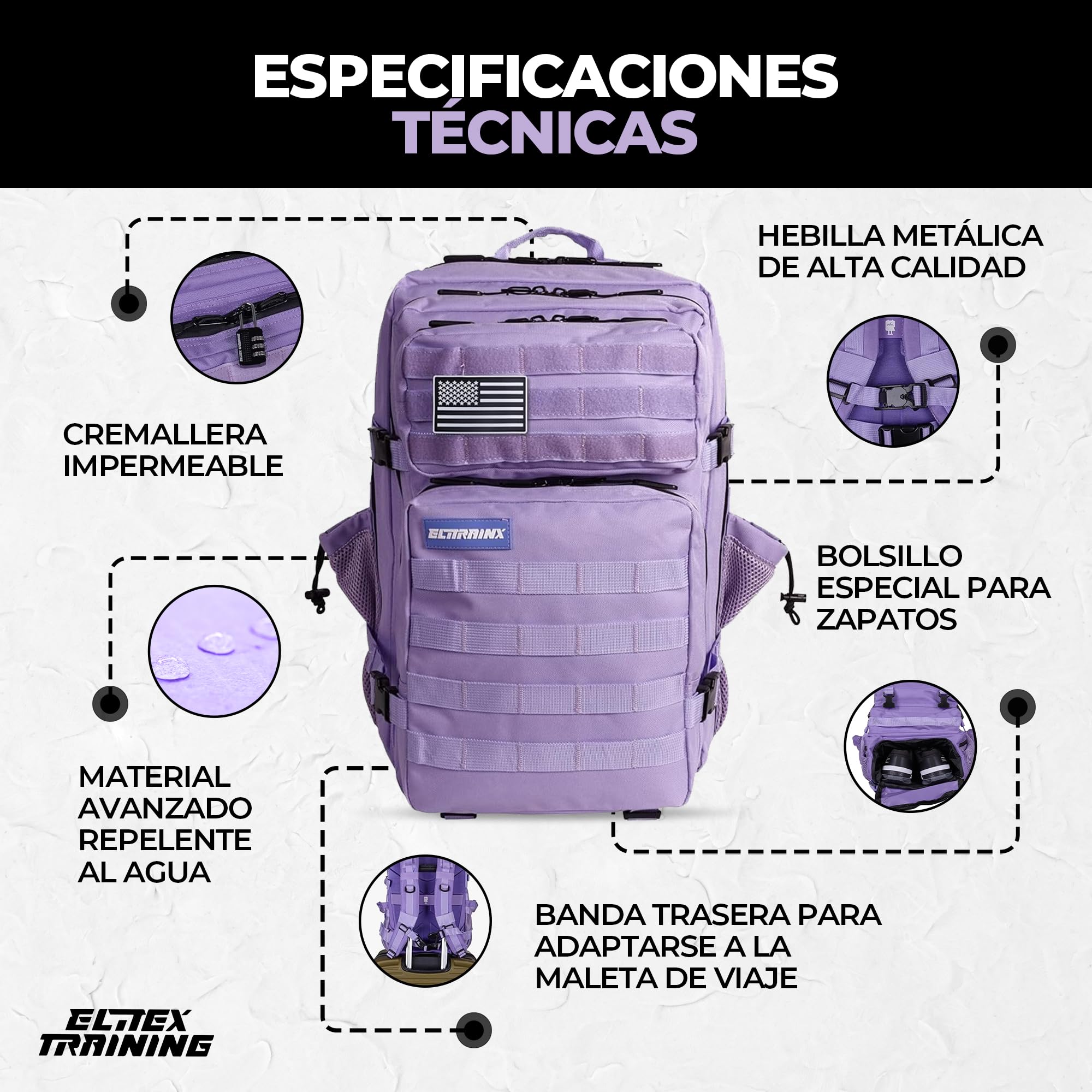 ELITRAINX Mochila Táctica 45L – Mochila Cabina Avión 40x20x25, Crossfit, Oxford 1000D Impermeable, Compartimento Zapatillas, Gimnasio, Hombre y Mujer (Lavanda) — view 2