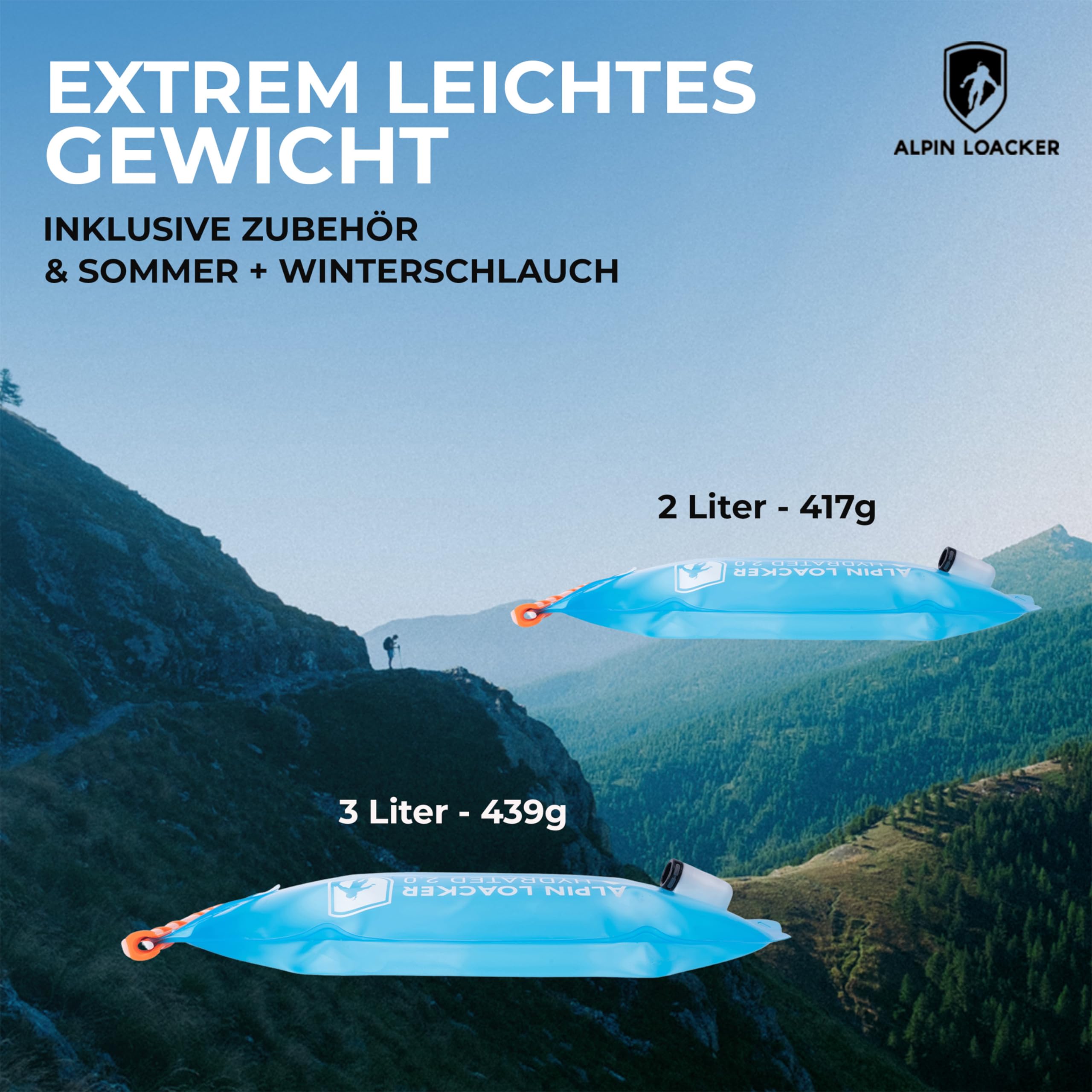 ALPIN LOACKER Outdoor Trinkblase mit Trinkschlauch für Sport und Outdoor I super leichte Wasserblase und Trinkbeutel zum Wandern I Trinksystem BPA frei