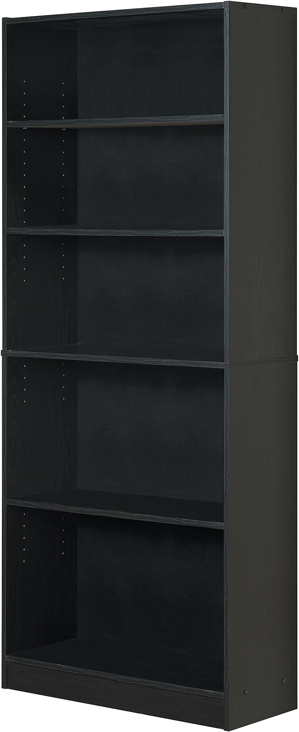 Mylex Five Shelf Bookcase; Three Adjustable Shelves; 11.63 x 29.63 x 71.5 Inches, Black, Assembly Required