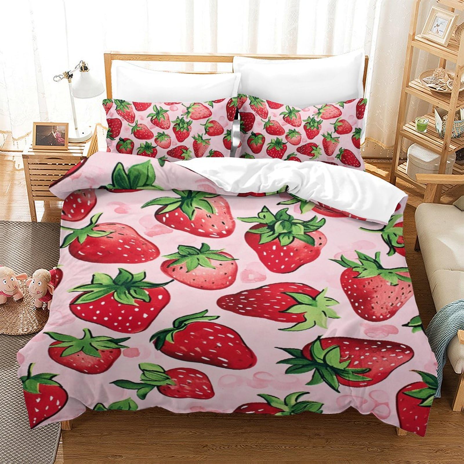 Oobapziie Strawberry Duvet Cover Set 3D Fruit Geometry Printed Bedding Quilt Cover Set With Pillowcases Hidden Zipper Microfiber Sport Quilt Cover For Teens And Adults Single（140X200cm）