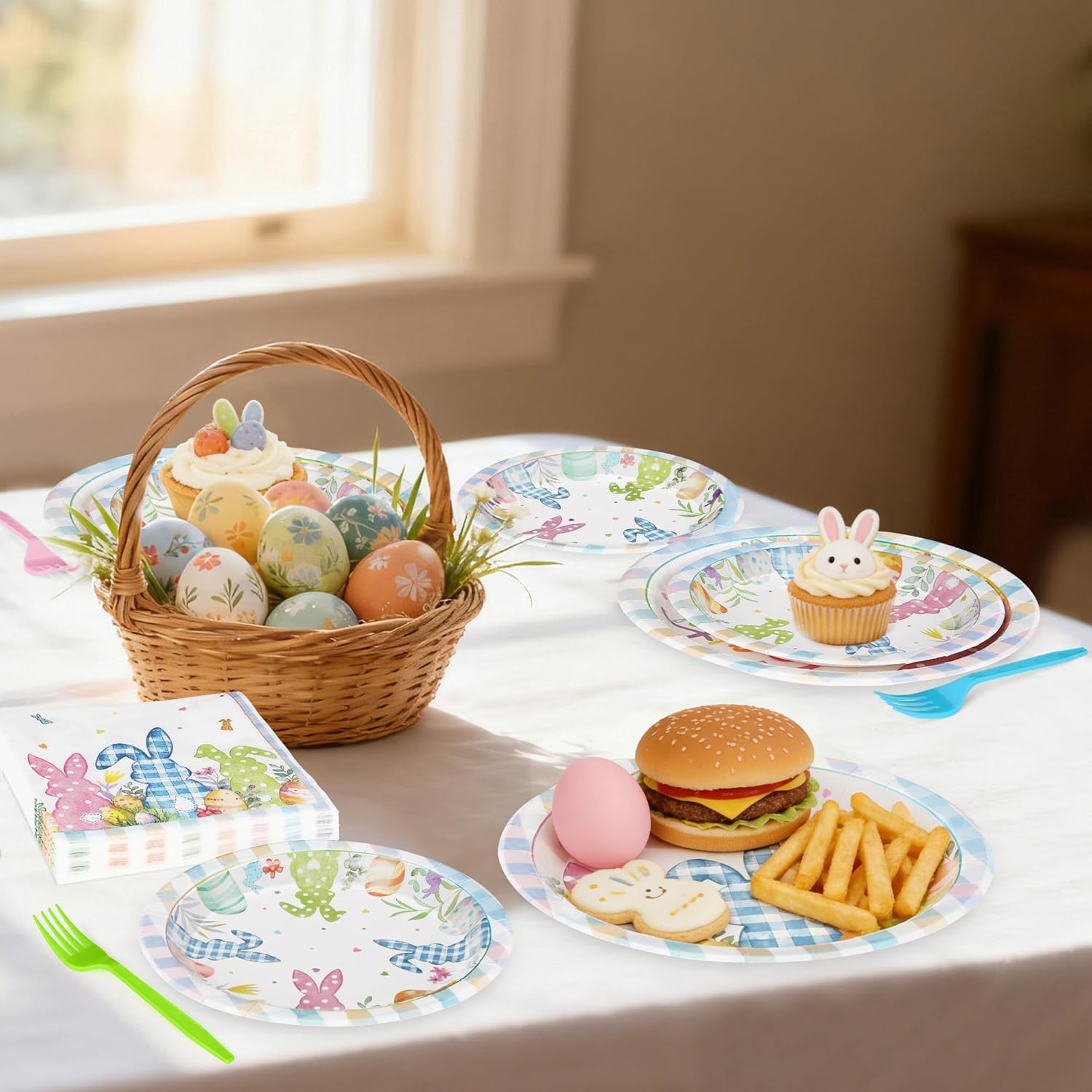 QZYL 120Pcs Easter Plates and Napkins, Disposable Easter Decorations Dinnerware for 30 Guests, Colorful Spring Bunny Paper Plates and Napkins, 9″ and 7″ Tableware for Easter Party Favors Spring Event