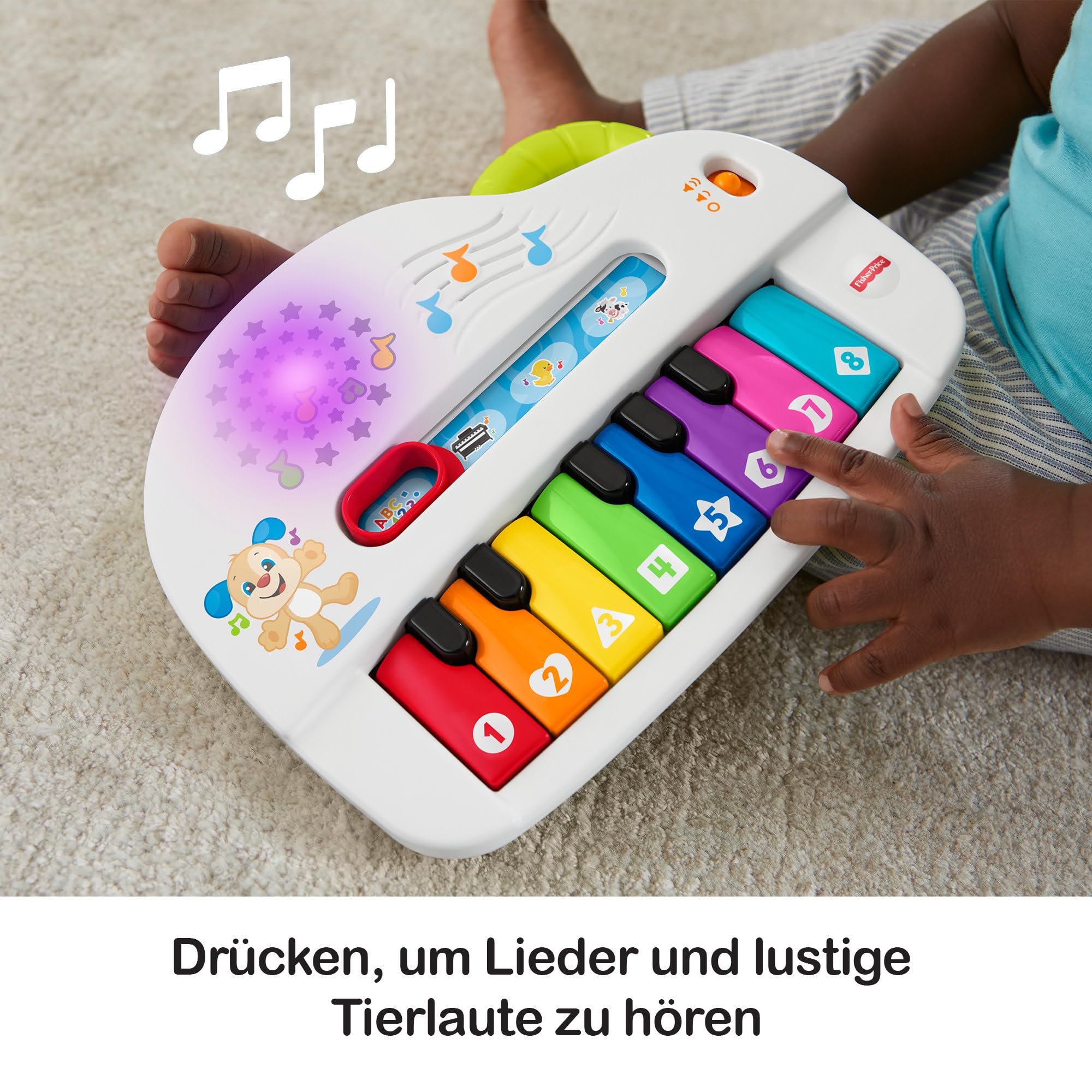 Fisher-Price Babys erstes Keyboard - tragbares Spielzeugklavier mit 4 Spielmöglichkeiten, Liedern, Lichtern und Geräuschen, spielerisches Lernen, spricht deutsch, ab 6 Monaten/ 1 Jahr, GFK01