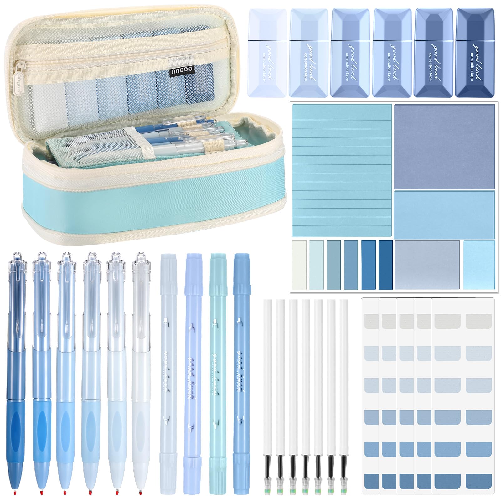 Janlaugh 38 Pcs Aesthetic College School Supplies with Pen Case Sticky Notes Gel Pens Highlighters Correction Tapes Back to School Stationery Kit(Light Blue Color,Classic)