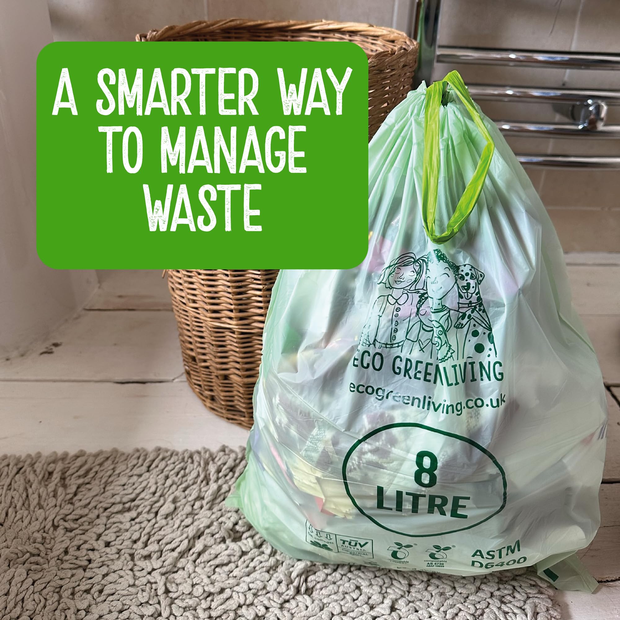 Eco Green Living Sacchi per la spazzatura compostabili da 8 litri con coulisse, senza plastica e anti-perdita, per bidoni da bagno, camera da letto e ufficio - 40 x 45 cm (25 sacchetti)