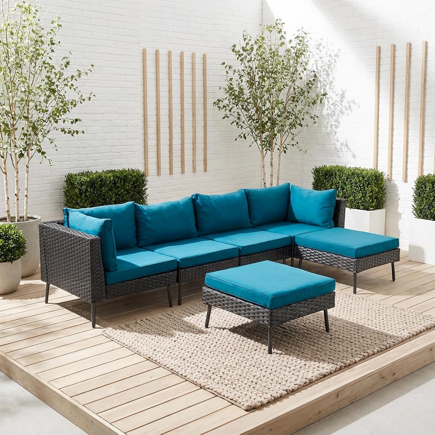 VINGLI 6-Piece Patio Furniture Set, All-Weather Wicker Outdoor Sectional Sofa with Thick Cushions, Hand-Woven Rattan Conversation Set for Garden & Backyard (Black)