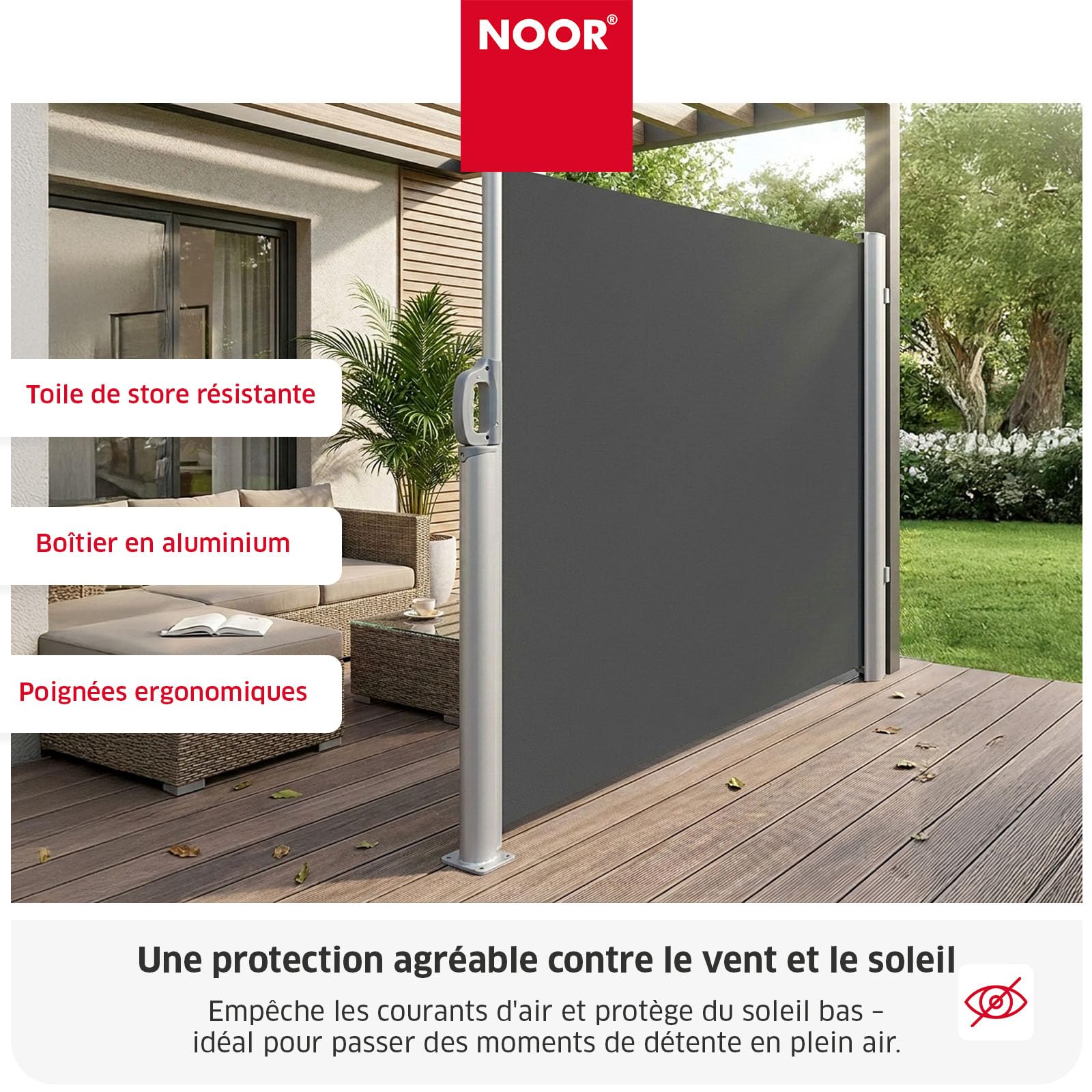 NOOR Store latéral Exklusiv 100x350 cm - Brise-Vue Extensible Anthracite | Protection opaque contre soleil et vent pour balcon, terrasse et jardin – fixations incluse, imprégné et hydrofuge