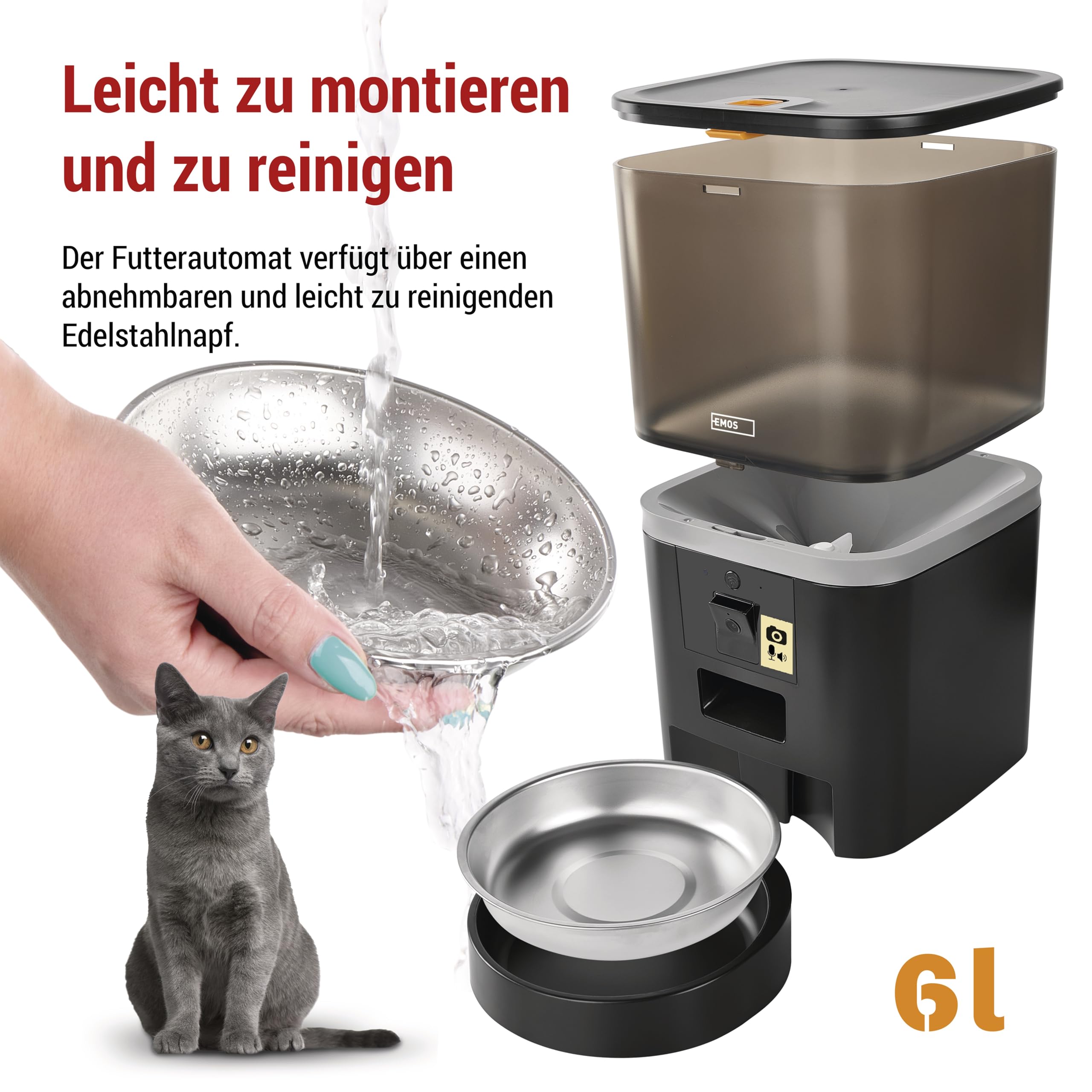 EMOS - GoSmart Mangiatoia automatica da 6 l con fotocamera - Distributore di cibo WLAN Pet Care con app - Cibo secco per gatto e cane con programmazione, registrazione vocale, dosaggio da 1 a 12 pasti
