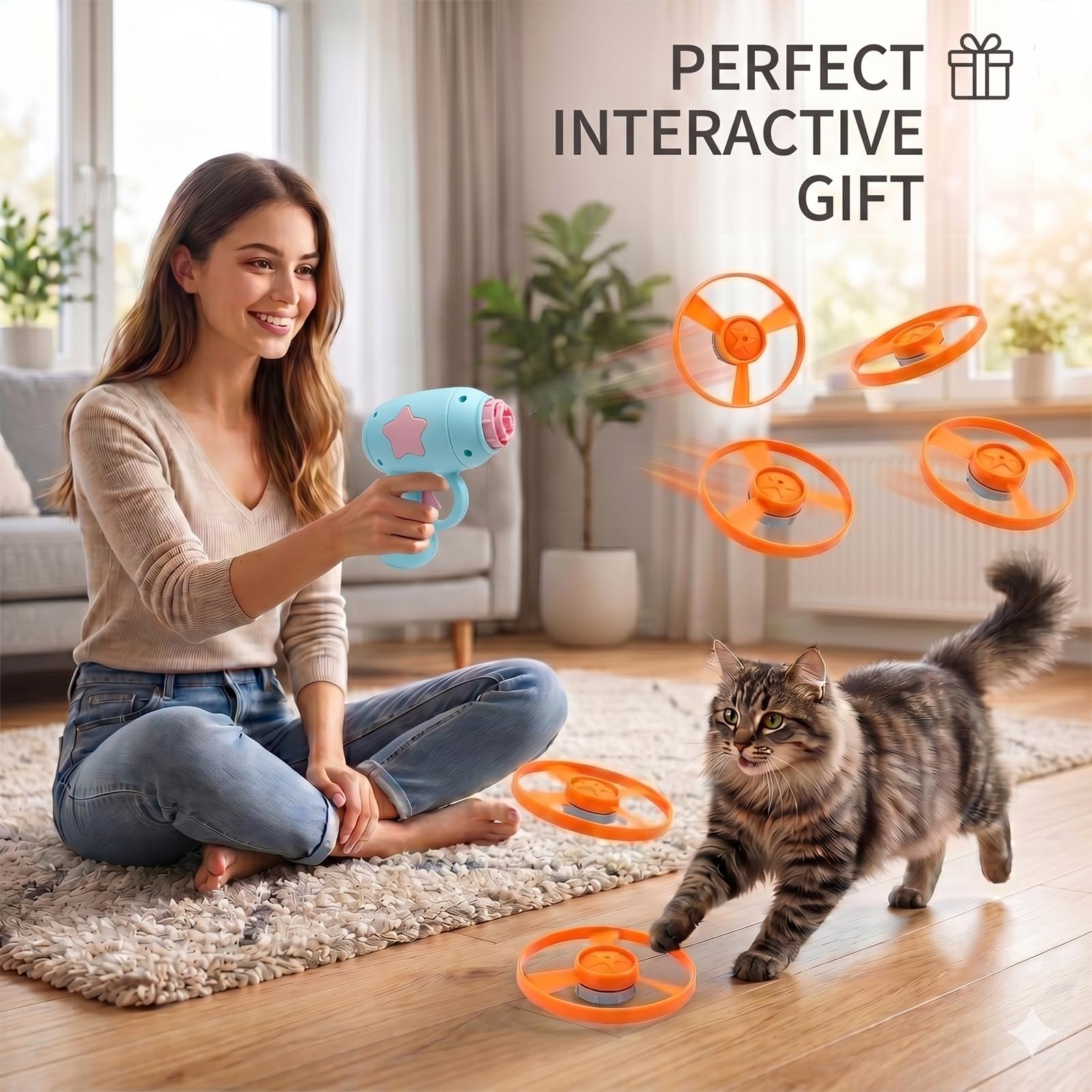 2 Stück Katzen Spielzeug Interaktives, Katzenspielzeug Set mit 2 Blau Launchers und 20 Bunten Flugscheiben, Propeller Spielzeug für Katzen, Cat Fetch Toy für Indoor und Outdoor Training Jagen Schlagen
