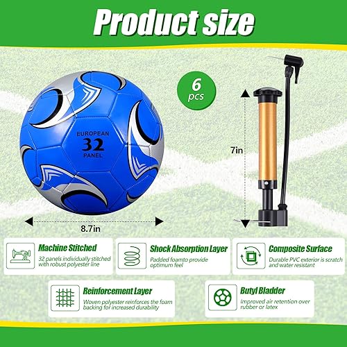 Miniatura 2 de Glimin Balón de fútbol de 6 piezas con inflador, regalos de fútbol deportivo cosido juvenil, pelota de fútbol para adolescentes y adultos, fútbol