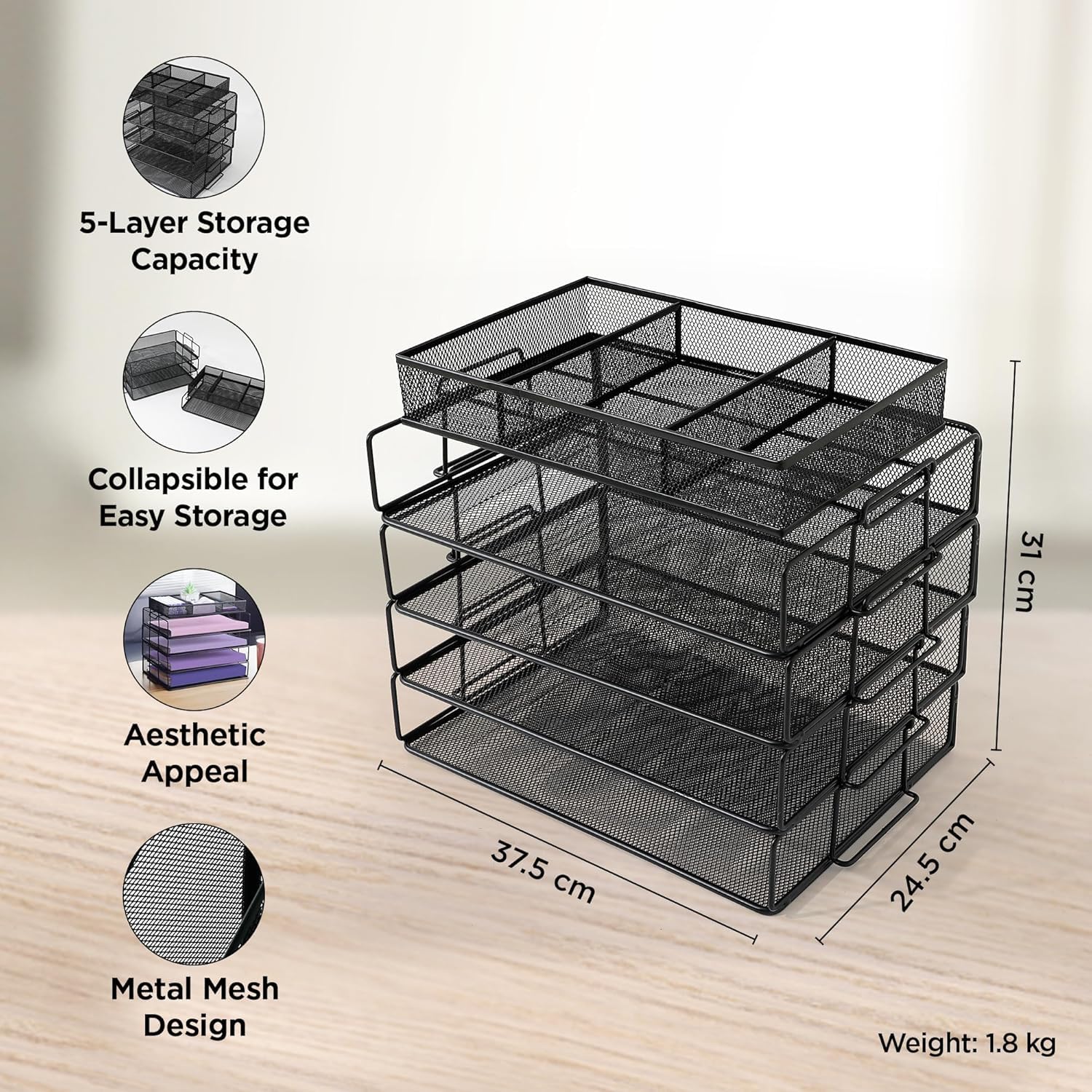 Kuber Industries 4-poziomowy metalowy organizer na biurko, organizer na dokumenty, z dodatkowymi górnymi mini koszami do przechowywania spinek do papieru, długopisów i akcesoriów stacjonarnych, taca