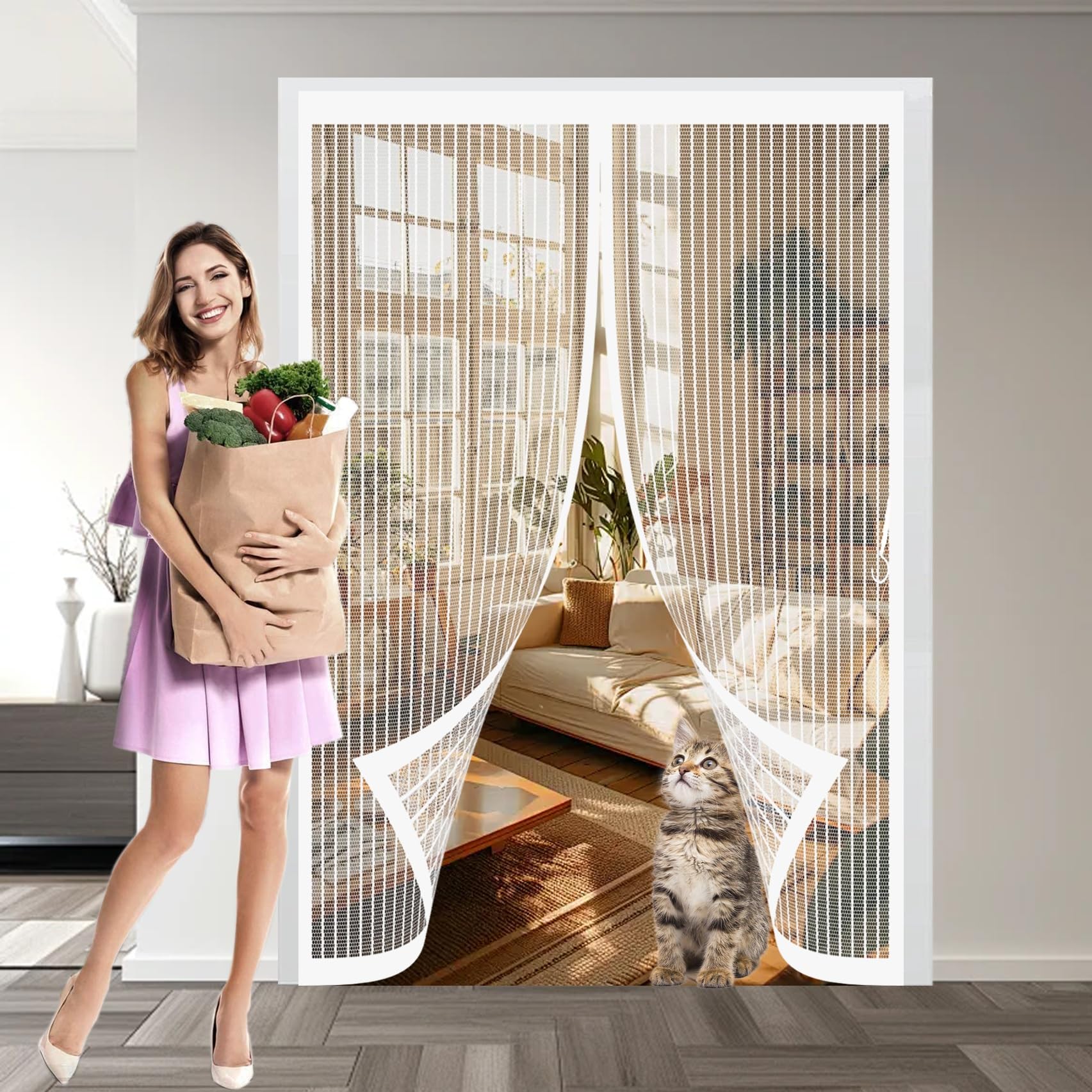 Xueqxue White Door Fly Screen Curtain 120 X 204 Cm With Powerful Magnets & Full Frame Magic Tape, Keep Bugs Out & Lets Fresh Air In Magnetic Door Screen For Patio Doors Bedroom,