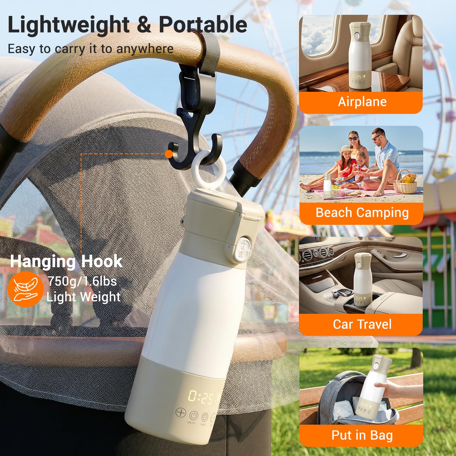 Chauffe-biberon portable pour bébé pour les déplacements, chauffage rapide en 5 minutes, capacité de 500 ml + batterie de 8000 mAh, 7 niveaux de température, acier inoxydable 316, pasteurisation 65 °C