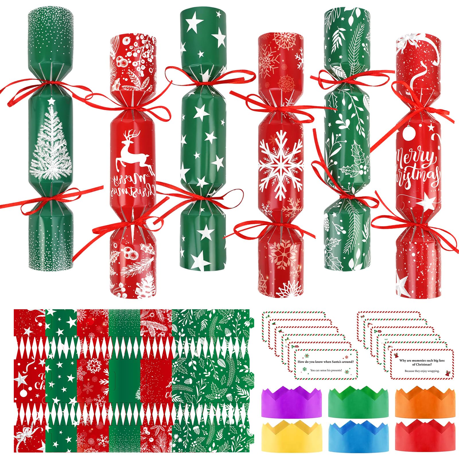 DPKOW Red Green Christmas Crackers Gift Boxes with Hats Riddle Cards (Non-Snap), Make Your Own Christmas Crackers 12 Pack, DIY Treats Candy Boxes Xmas Cracker Making Kits, Xmas Party Favors Supplies