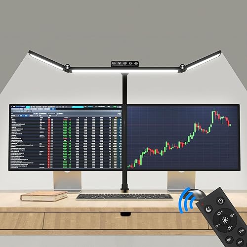 Architect Lamp with Clamp, Double Head Computer Monitor Gooseneck Desk Light with Remote Control, 24W Flexible Dimmable LED Desktop Table Lamp