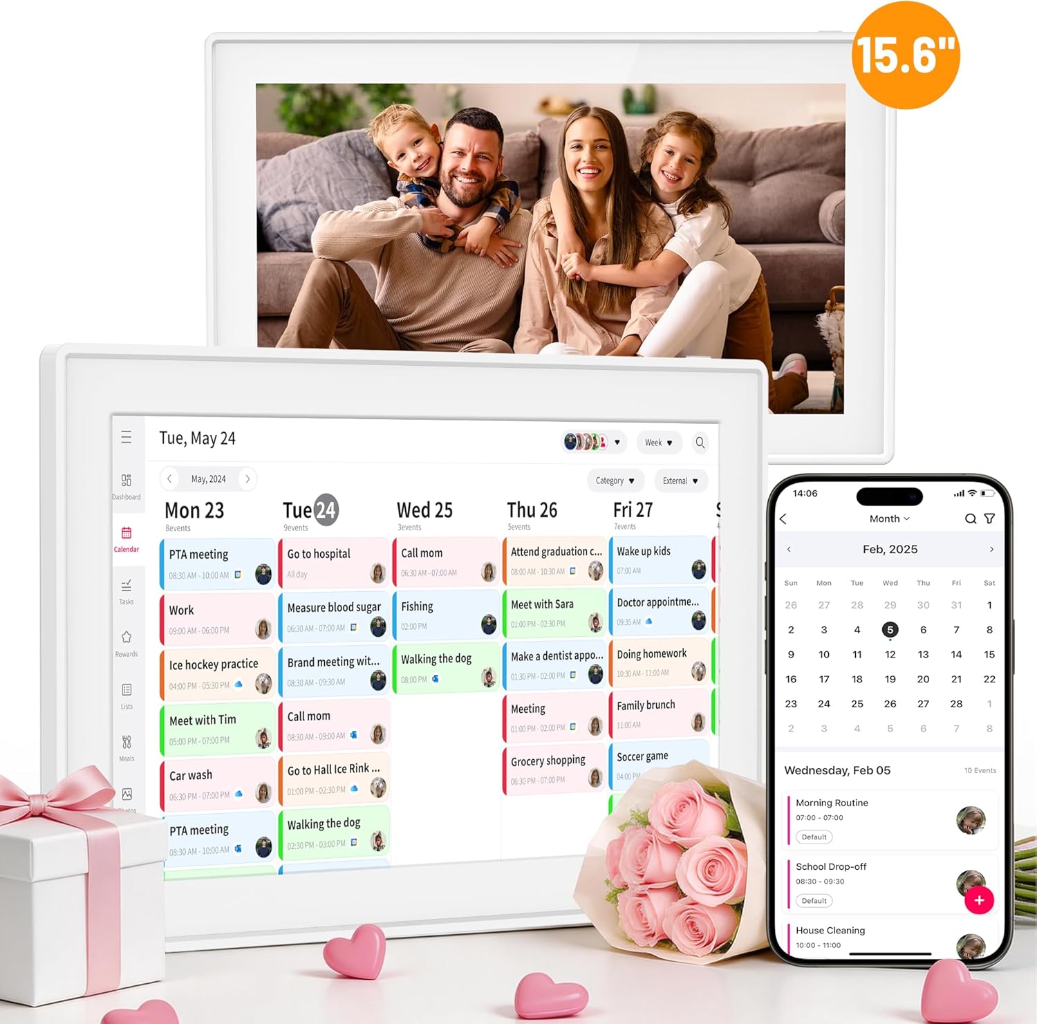 15.6 Inch Digital Calendar Wall Planner & Chore Chart, Smart WiFi Touchscreen Interactive Family Planner, Electronic Calendar for Family Schedules, Meal Planner & To-Do List, Wall & Desk Mountable