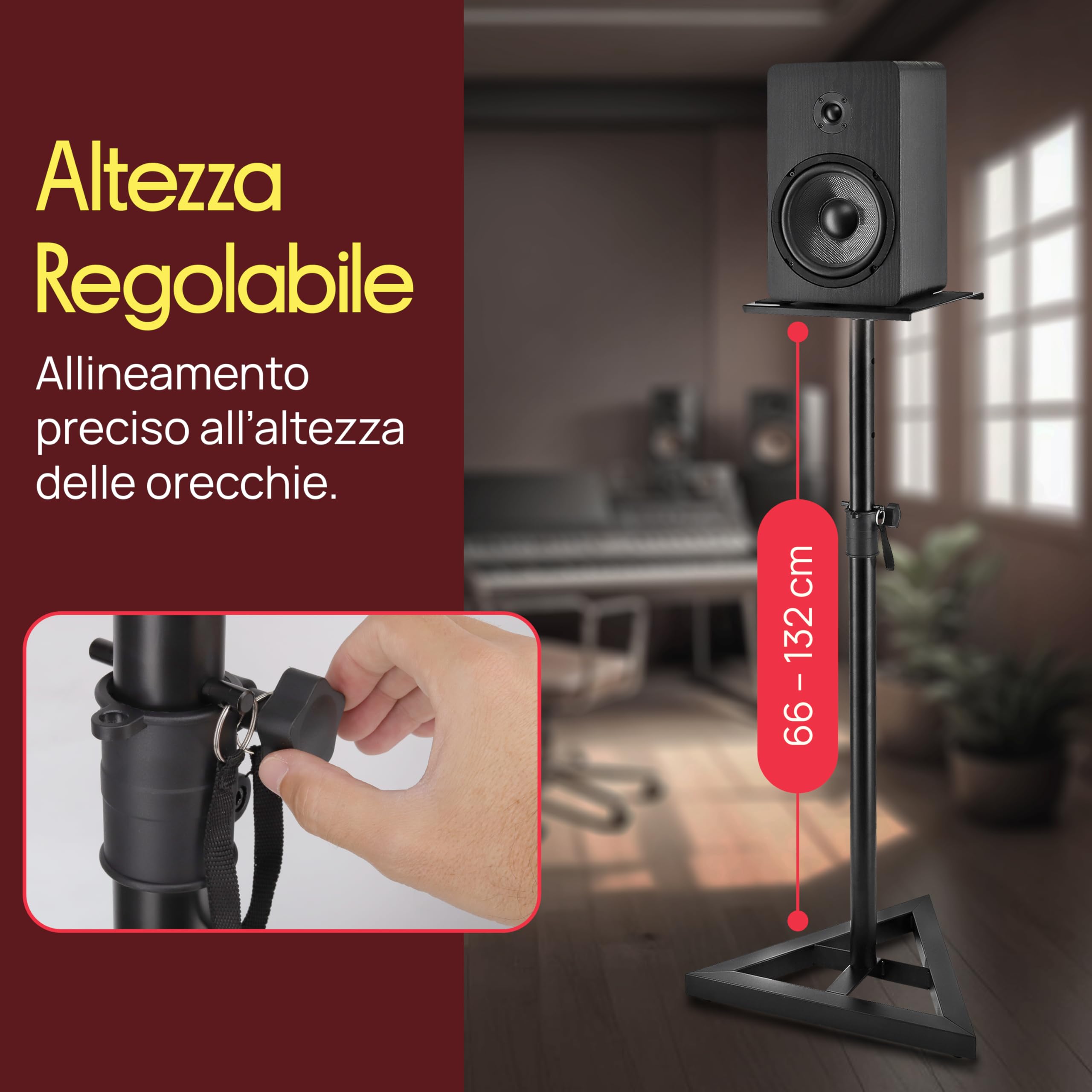 Pyle Stativi per Casse Altezza Telescopica Regolabile 66-132 cm Base Triangolare Piattaforma Quadrata 23 cm Supporto Altoparlanti