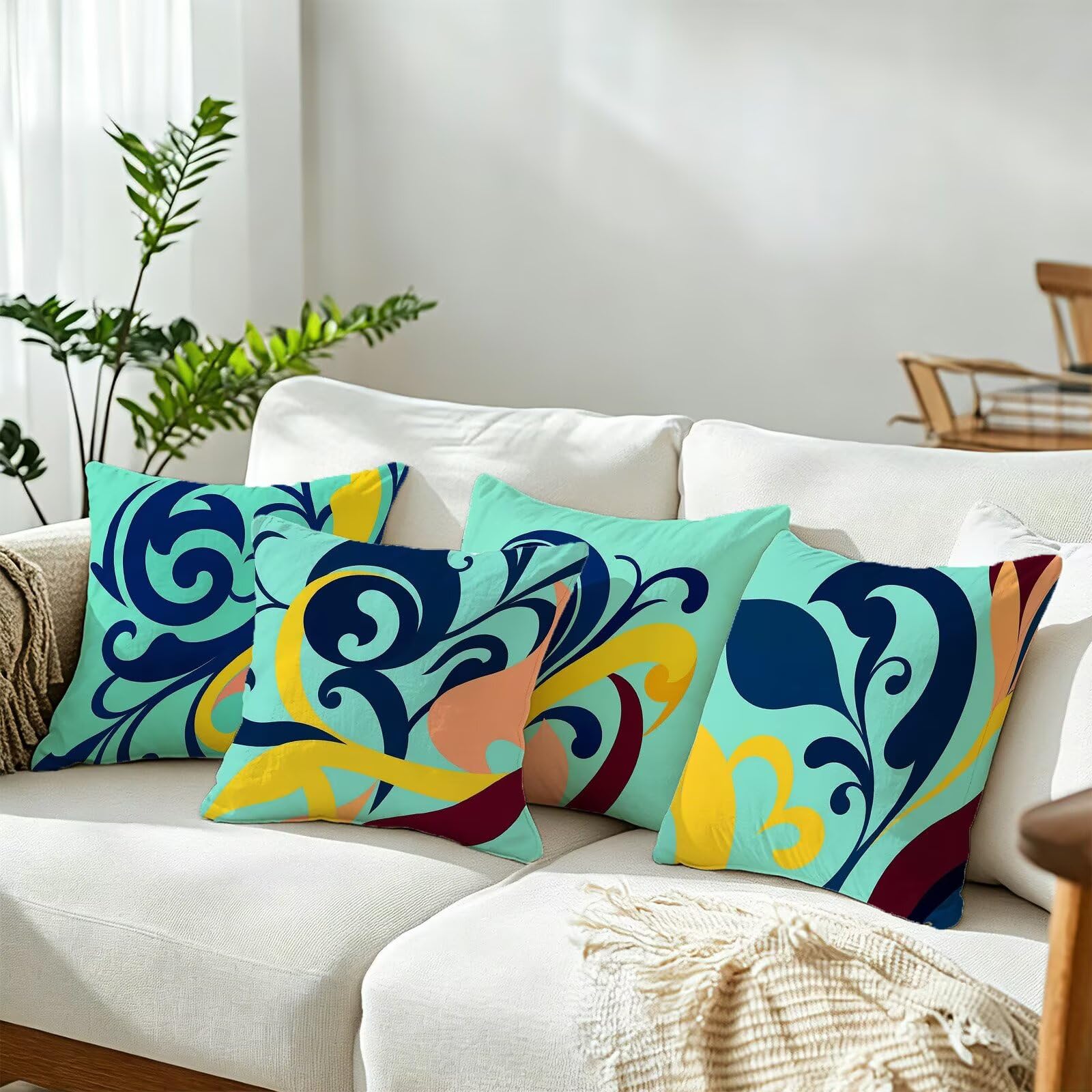 Blu Federe Cuscini Divano 40x40cm, Cuscini da Esterno Set de 4, Cod-94 | Lin Copricuscini Decorativi Letto Arredo, per Letto, Soggiorno, Giardino, Esterno, Casa Decorazione Set di 4 Foglie
