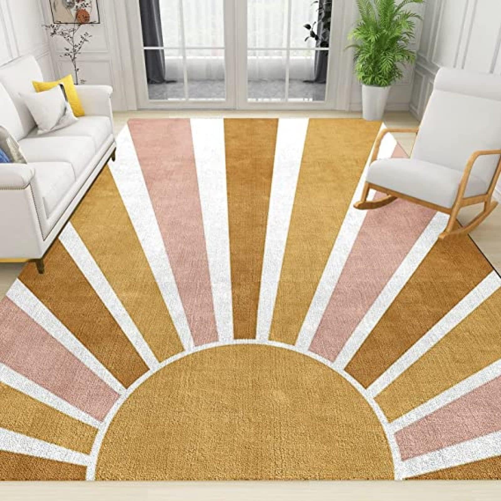 Boho Sun Rainbow Area Rug, Mid Century Abstract Indoor Rug, Large Carpet Trend Soft Durable for Home Decor Coffee Table Patio 5 x 7ft