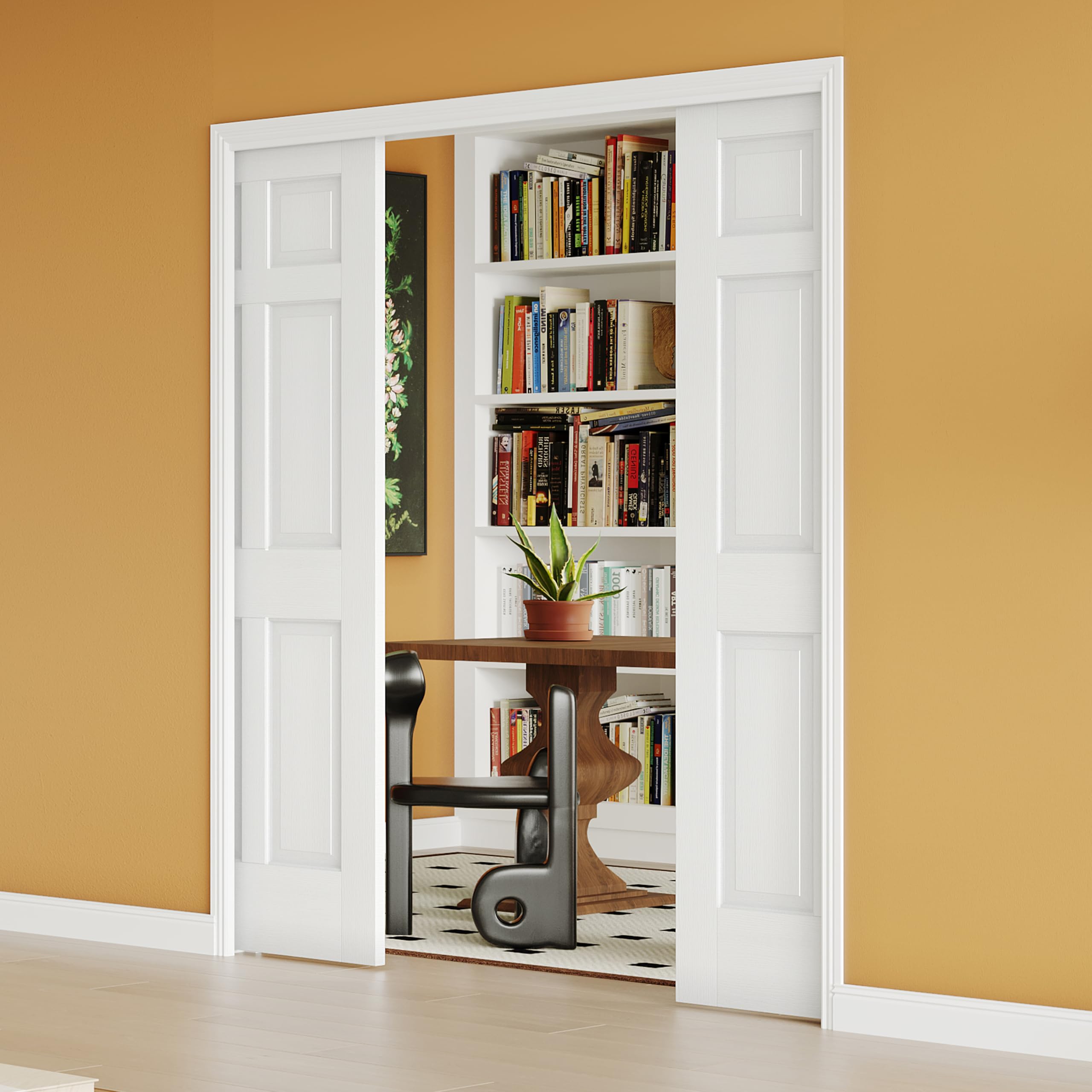 64" x 80" Sliding Pocket Interior Door, 6-Panel Hollow Core Pantry Door with Frame and Hardware Kit, Lightweight Closet Door, Waterproof PVC Surface, Easy to Install
