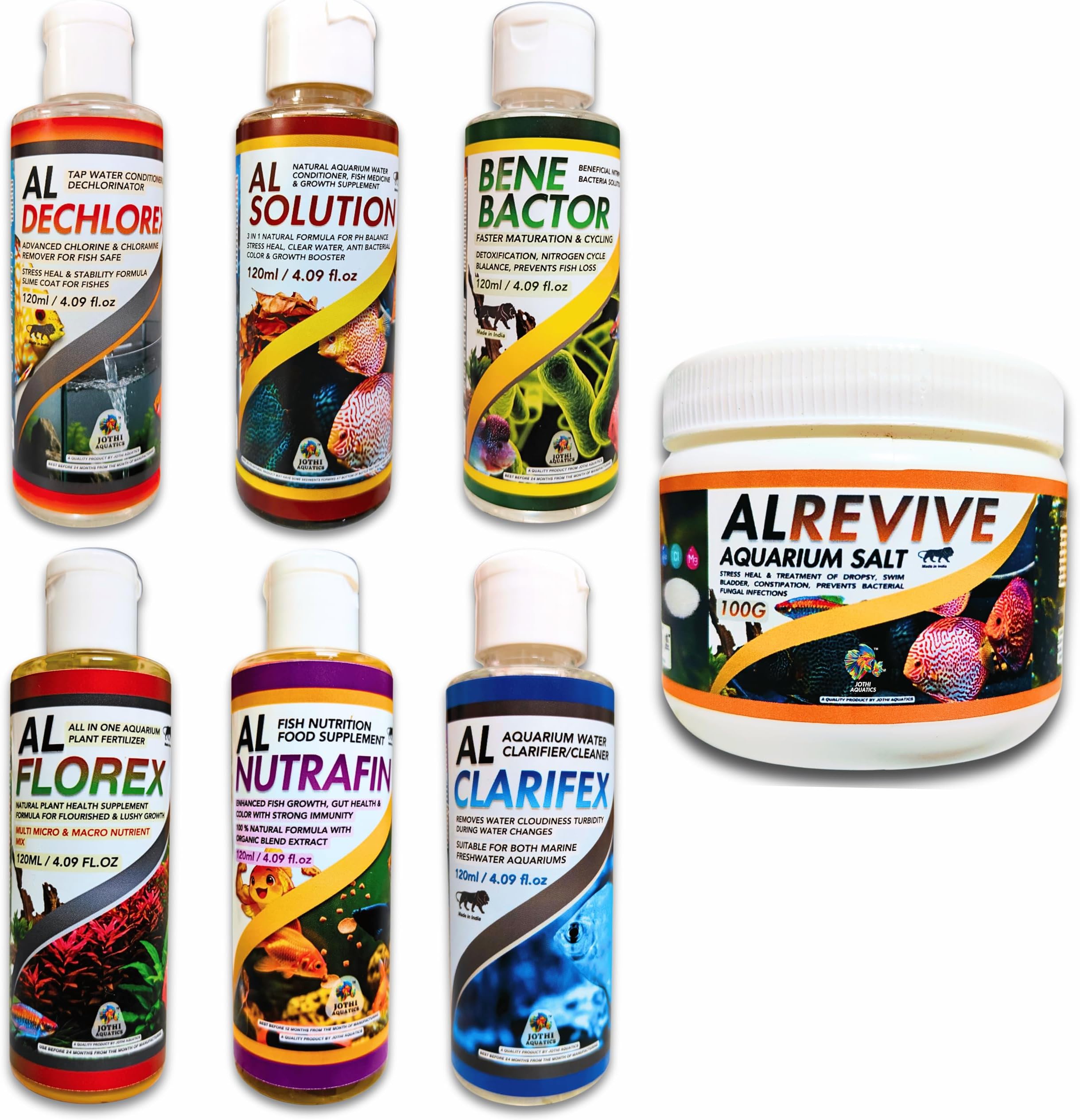 Aquarium Fish Tank Complete Care 7 in 1 Combo Kit | Water Conditioner, Cleaner, Dechlorinator, Salt, Beneficial Nitrifying Bacteria, Food Supplement & Aquatic Plant Fertilizer