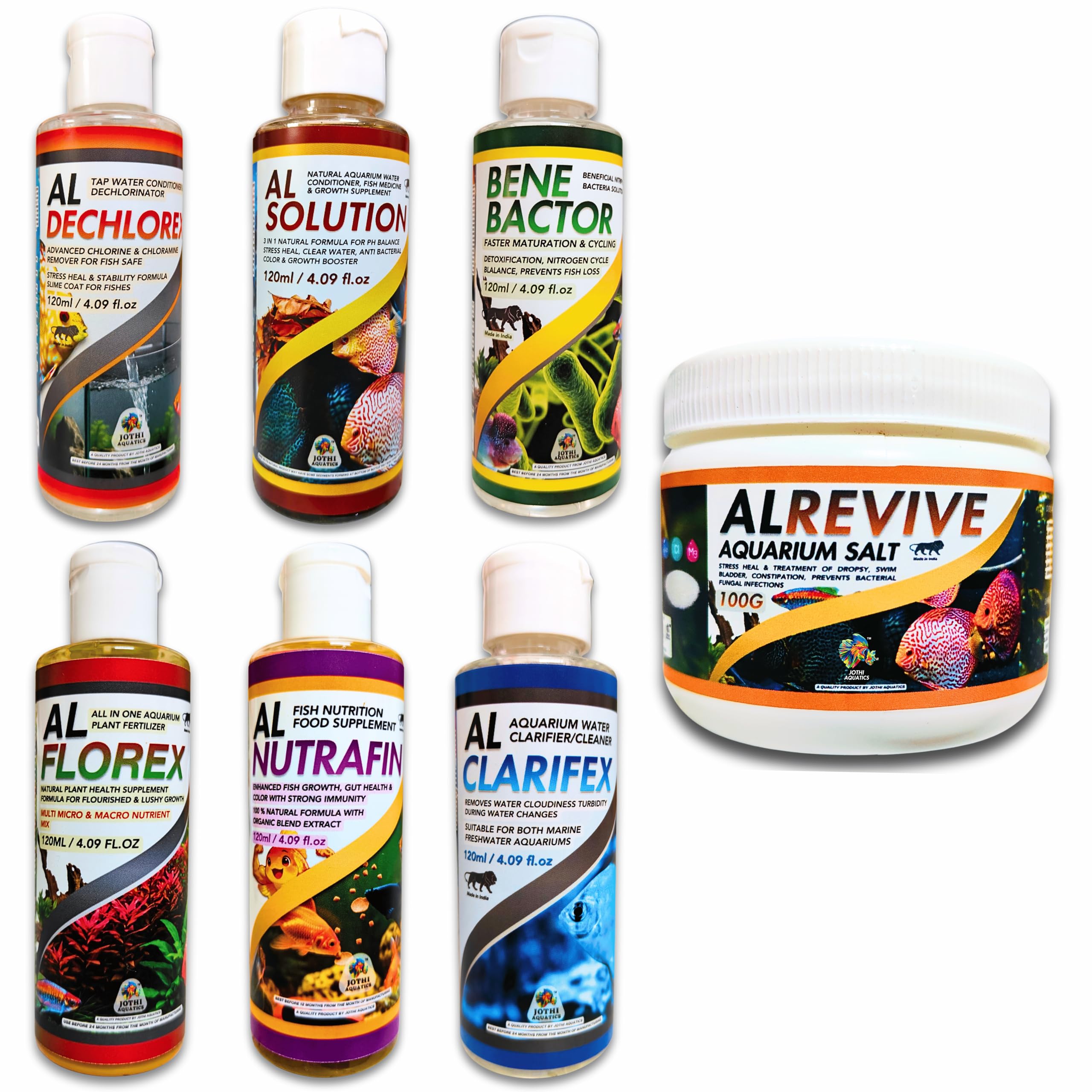Aquarium Fish Tank Complete Care 7 in 1 Combo Kit | Water Conditioner, Cleaner, Dechlorinator, Salt, Beneficial Nitrifying Bacteria, Food Supplement & Aquatic Plant Fertilizer