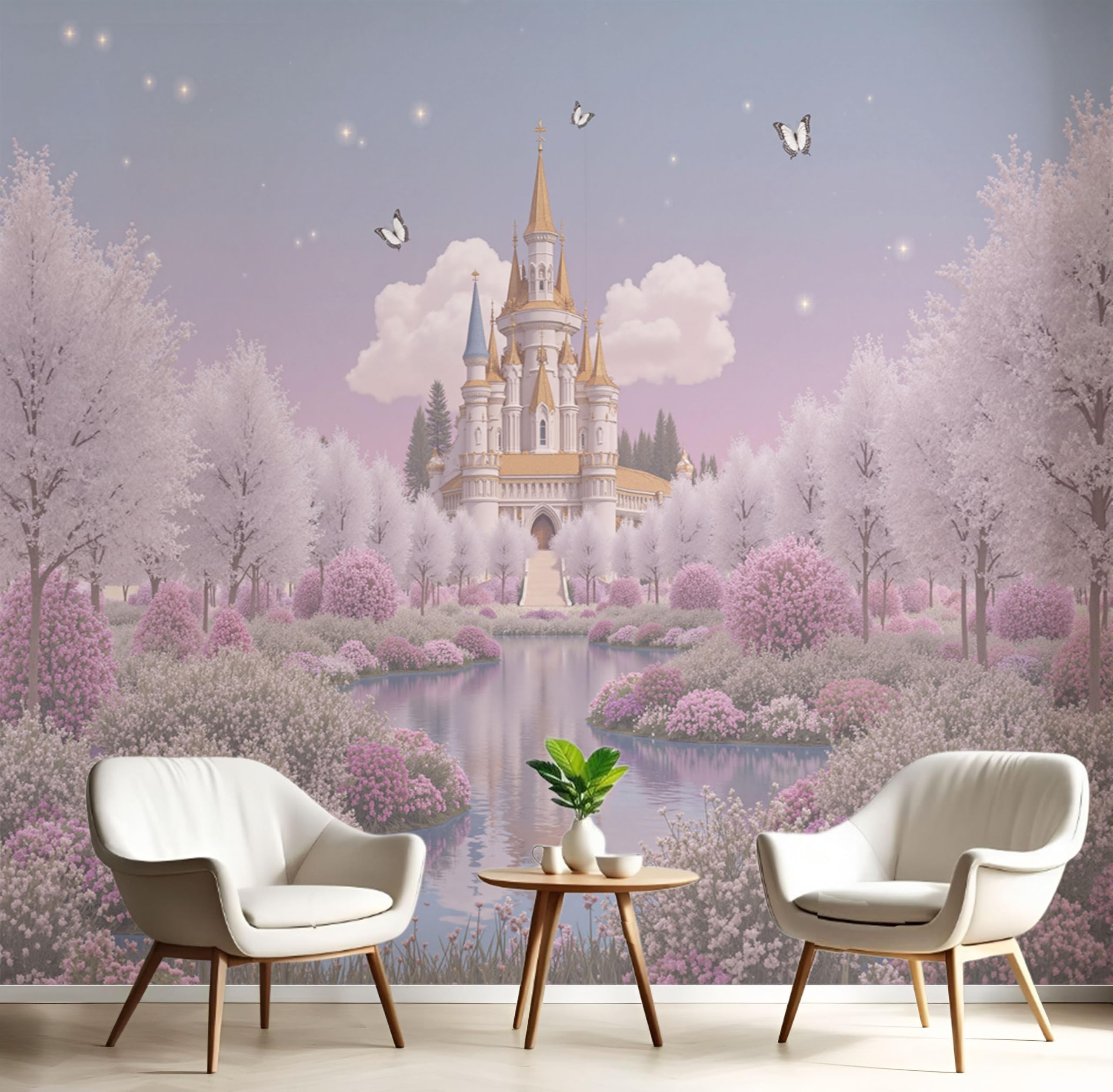 Papel pintado rosa con castillo 3D para transformar el dormitorio principal