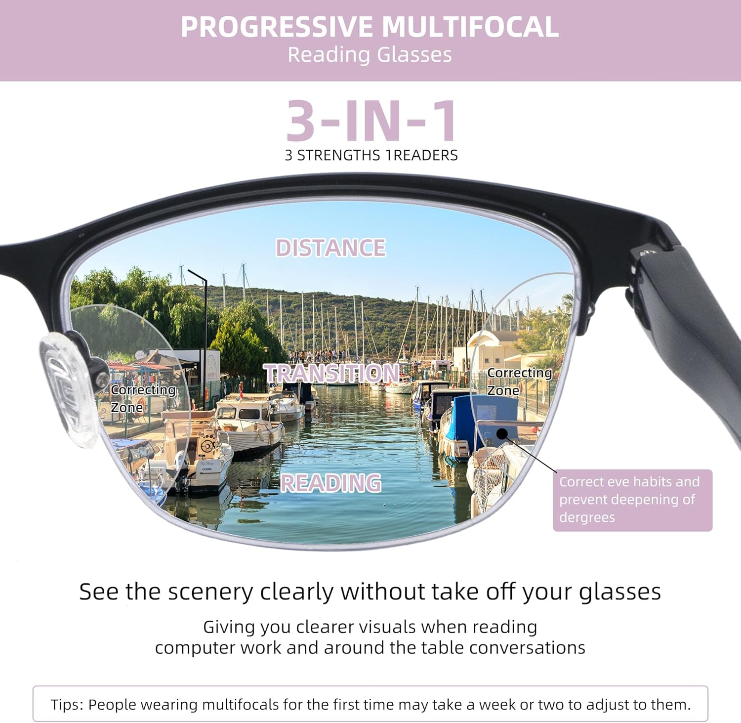 3 Pack Progressive Reading Glasses for Women Men Metal Half Frame Multifocal Readers with Spring Hinges - Image 5