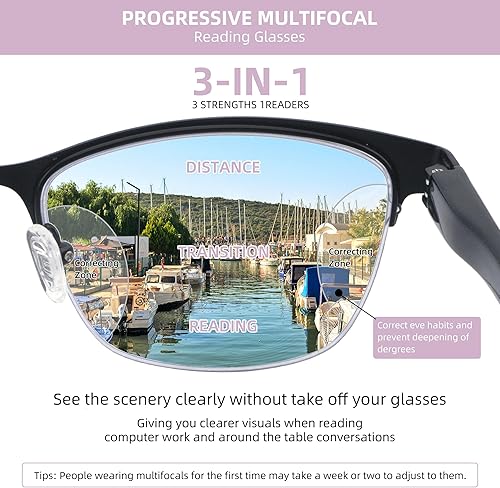 Miniatura 5 de LOVIVY Paquete de 3 lentes de lectura progresivos multienfoque para mujeres y hombres, de metal, medio marco, multifocales, con bisagras de resorte