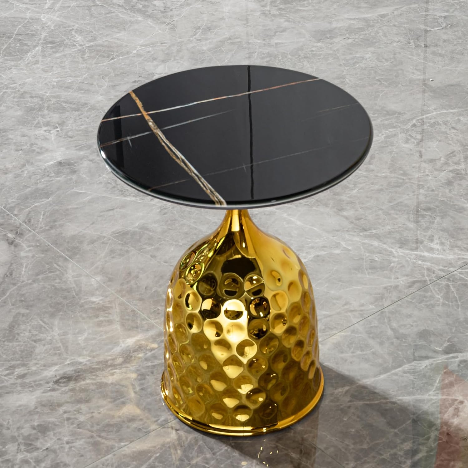 Luxury Side Table with Gold-Tone Textured Base,18'' Diameter Round Mirror Top Accent Table,Modern Tempered Glass end Table for Home Office