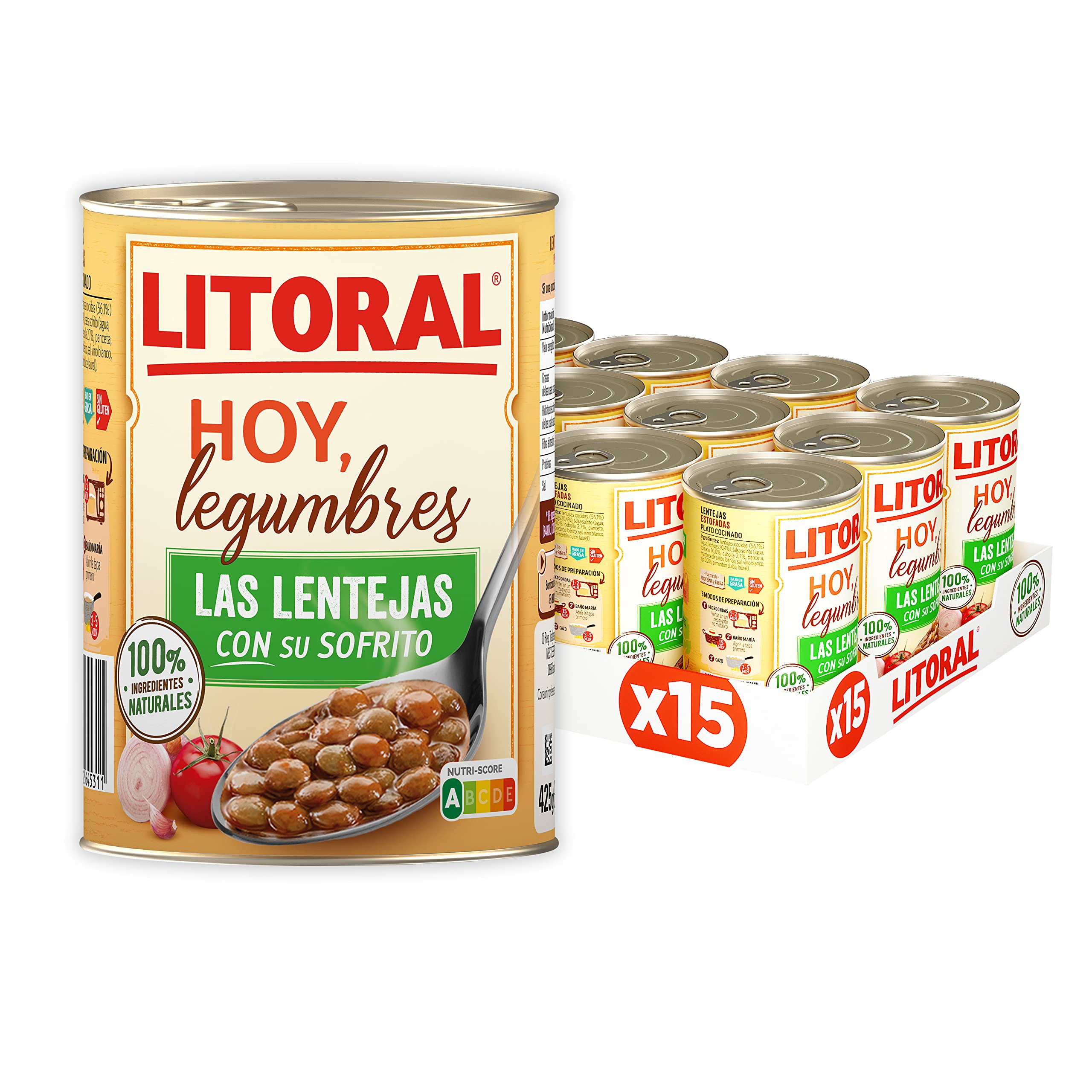 LITORAL Vegetal Garbanzos con Espinacas - Plato Preparado Sin Gluten - Pack de 10x425g - Total: 4.25kg & Hoy Legumbres Lentejas con su sofrito - Paquete de 15 x 425g (Total: 6.375 kg)