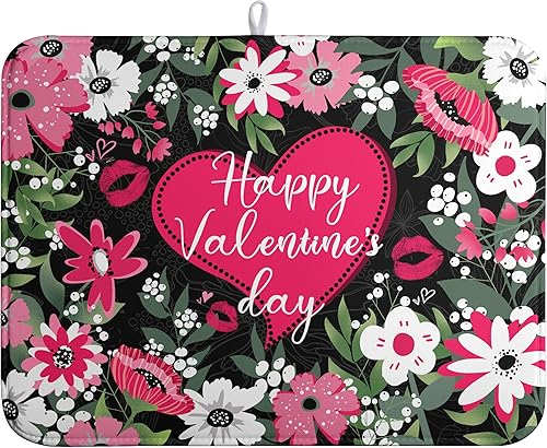 Happy Valentine's Day Dish Drying Mat for Kitchen Counter Valentines Flowers Lov