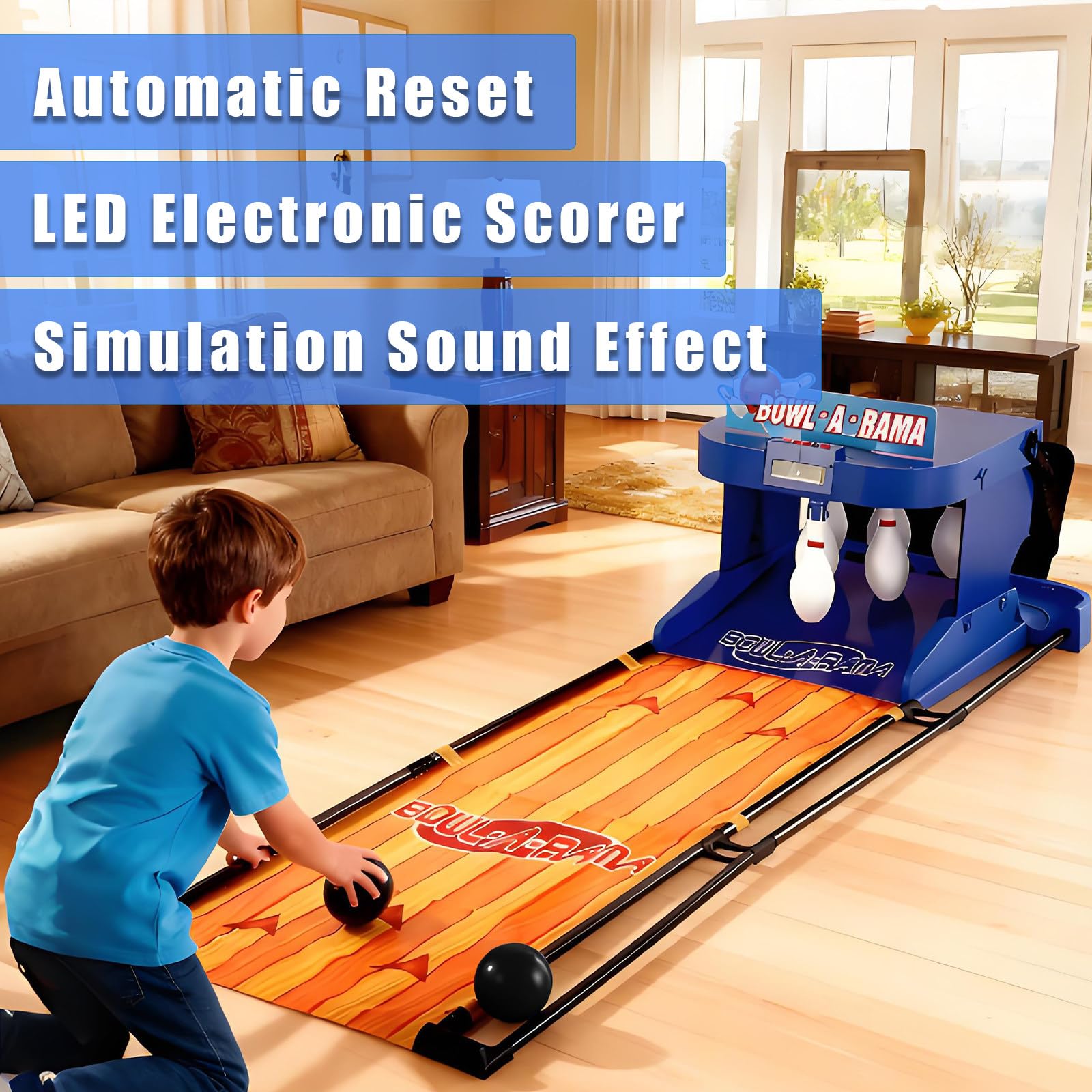 Gioco da bowling al coperto, gioco pieghevole per famiglie con reset automatico, effetti sonori e tabellone segnapunti a LED per divertimento interattivo