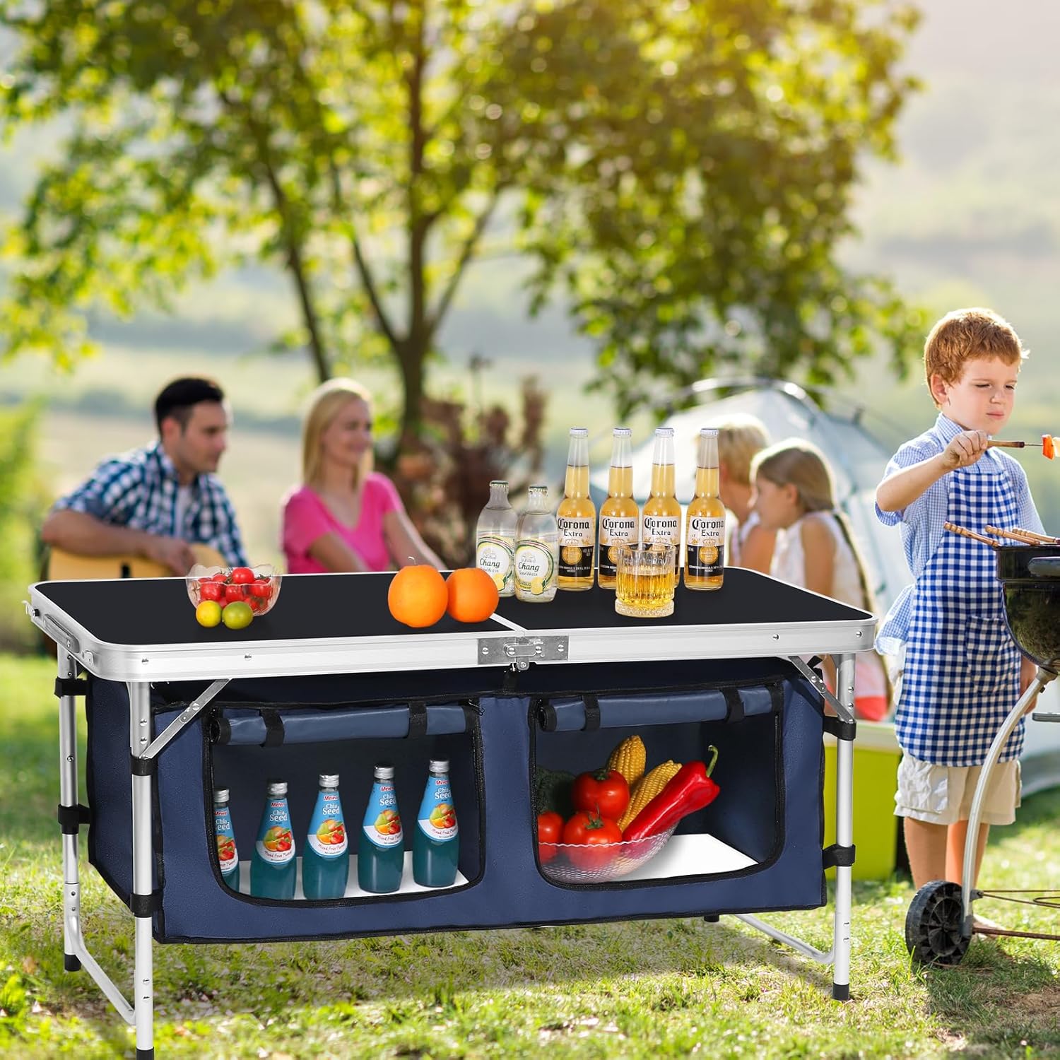 Camp Field Camping Folding Aluminum Table with Adjustable Legs for Outdoor Travel Beach, Backyards, BBQ, Party and Picnic Foldable Table Black