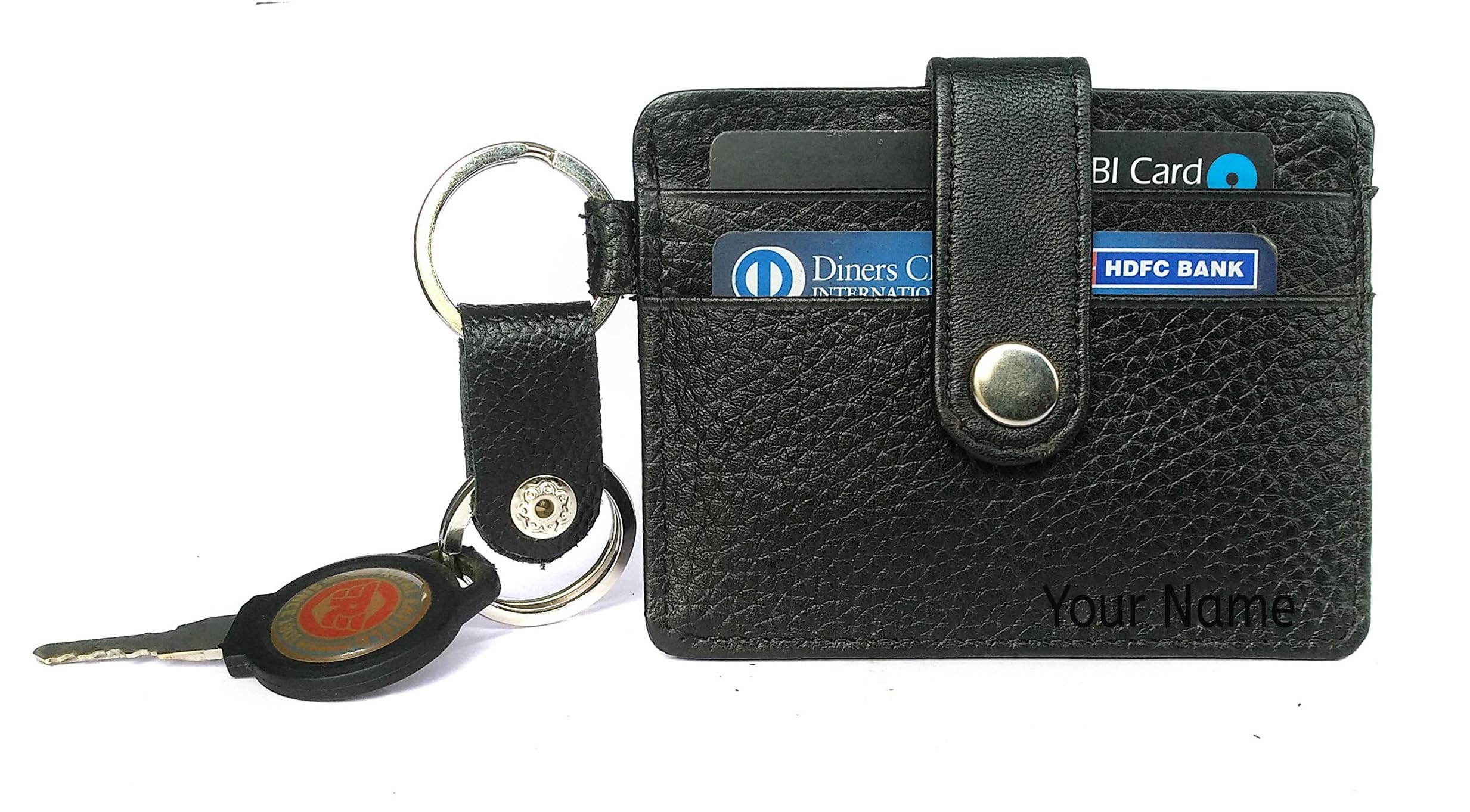 Genuine Leather Credit Card Case with Key Ring and Multiple Card Slots (Black with Name)